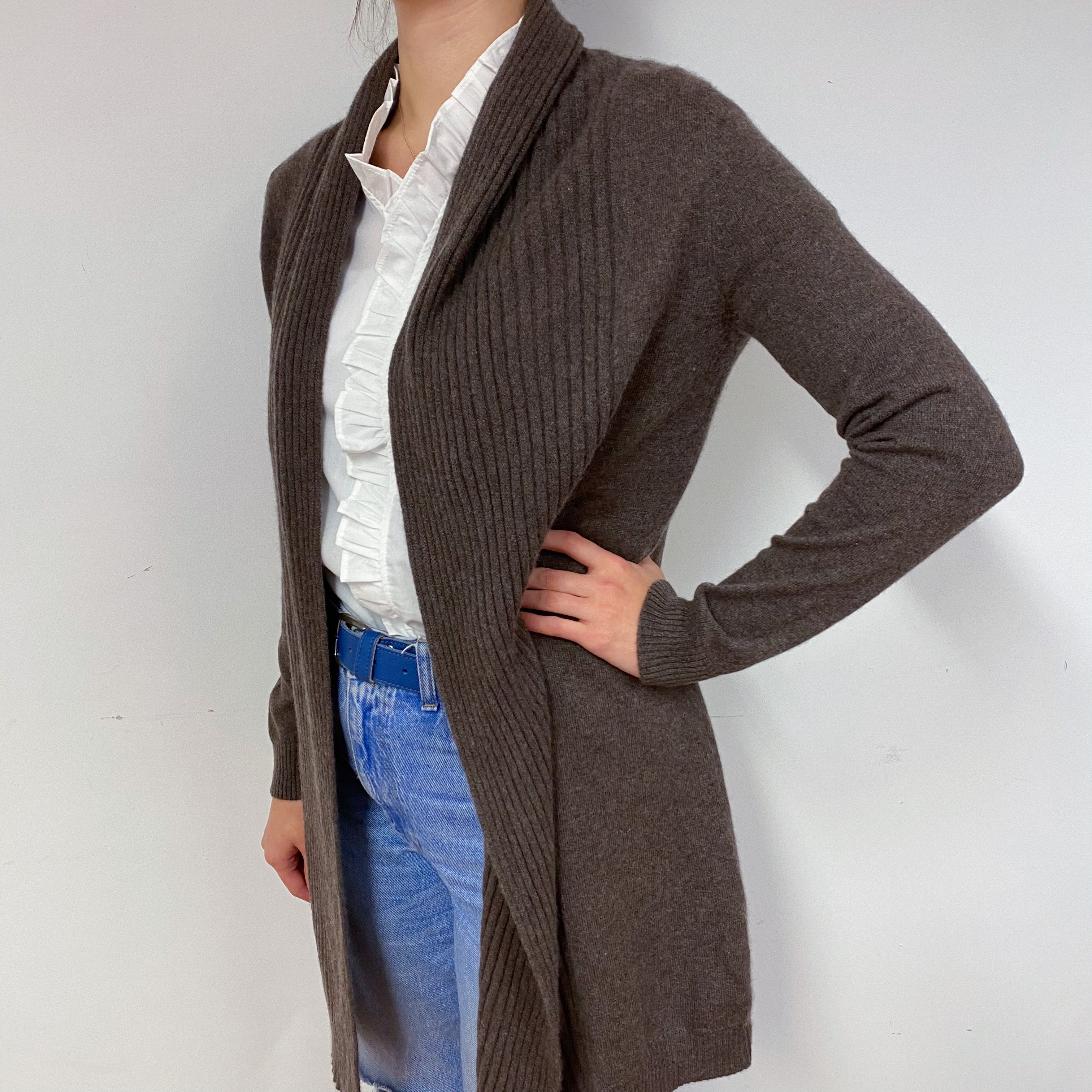 Mole Brown Cashmere Edge to Edge Cardigan Small