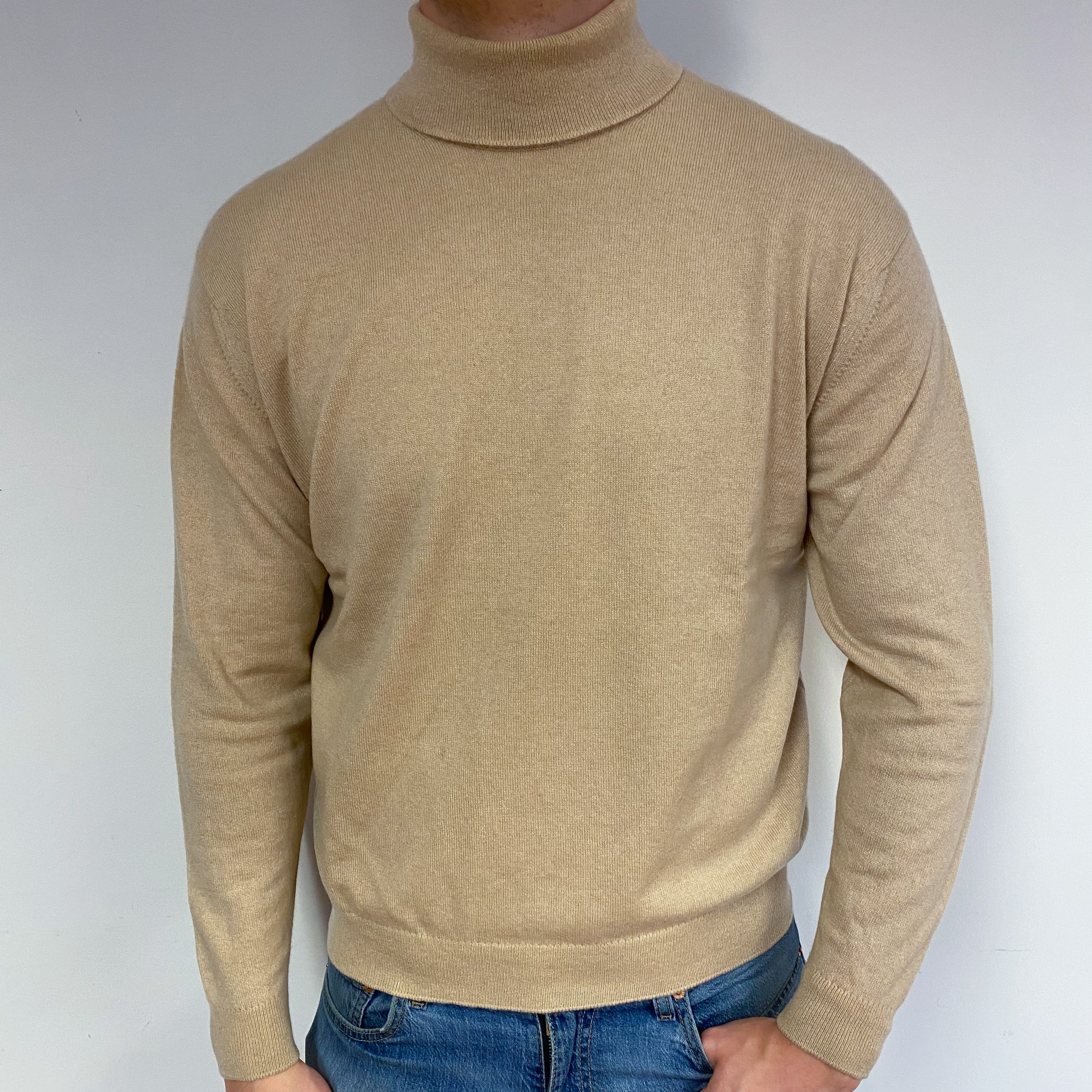 Men's Sand Cashmere Polo Neck Jumper XL