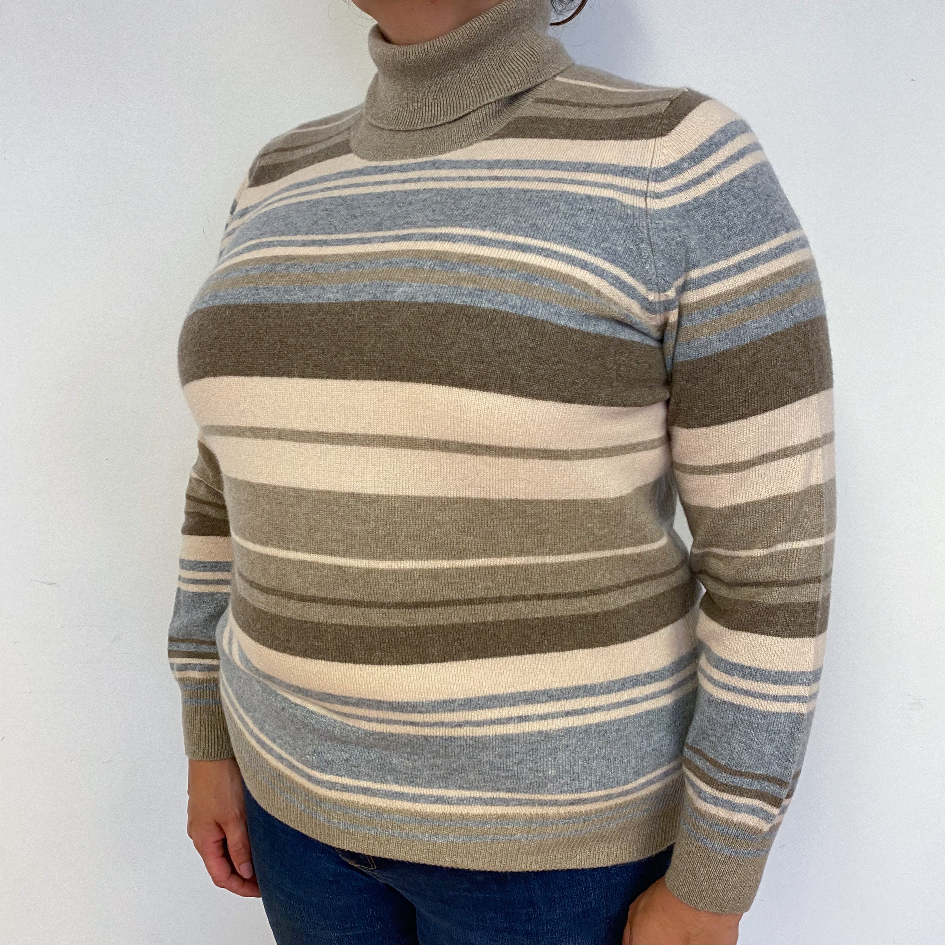 New Brown and Beige Striped Cashmere Polo Neck Jumper