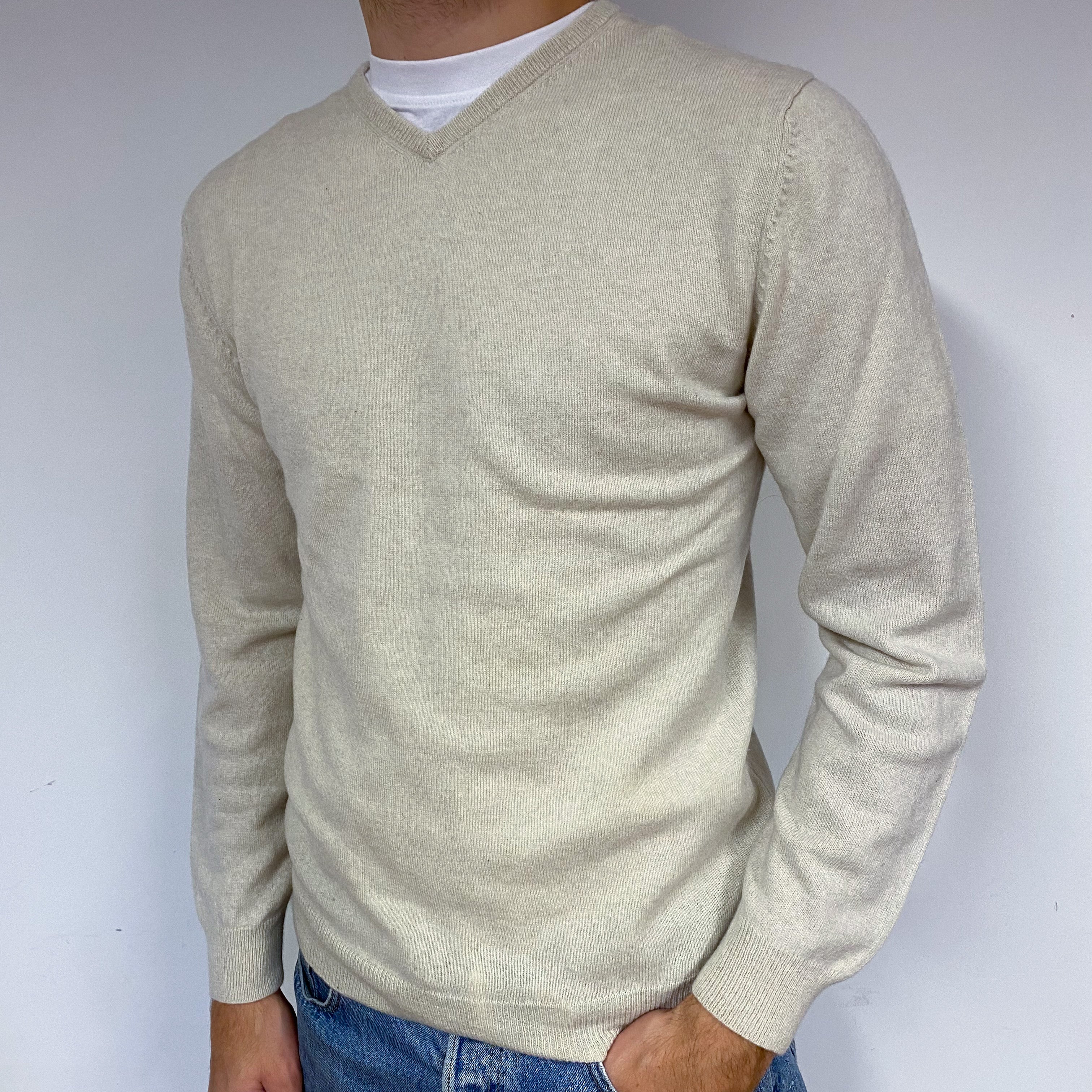 Men's Oatmeal Beige Cashmere V-Neck Jumper