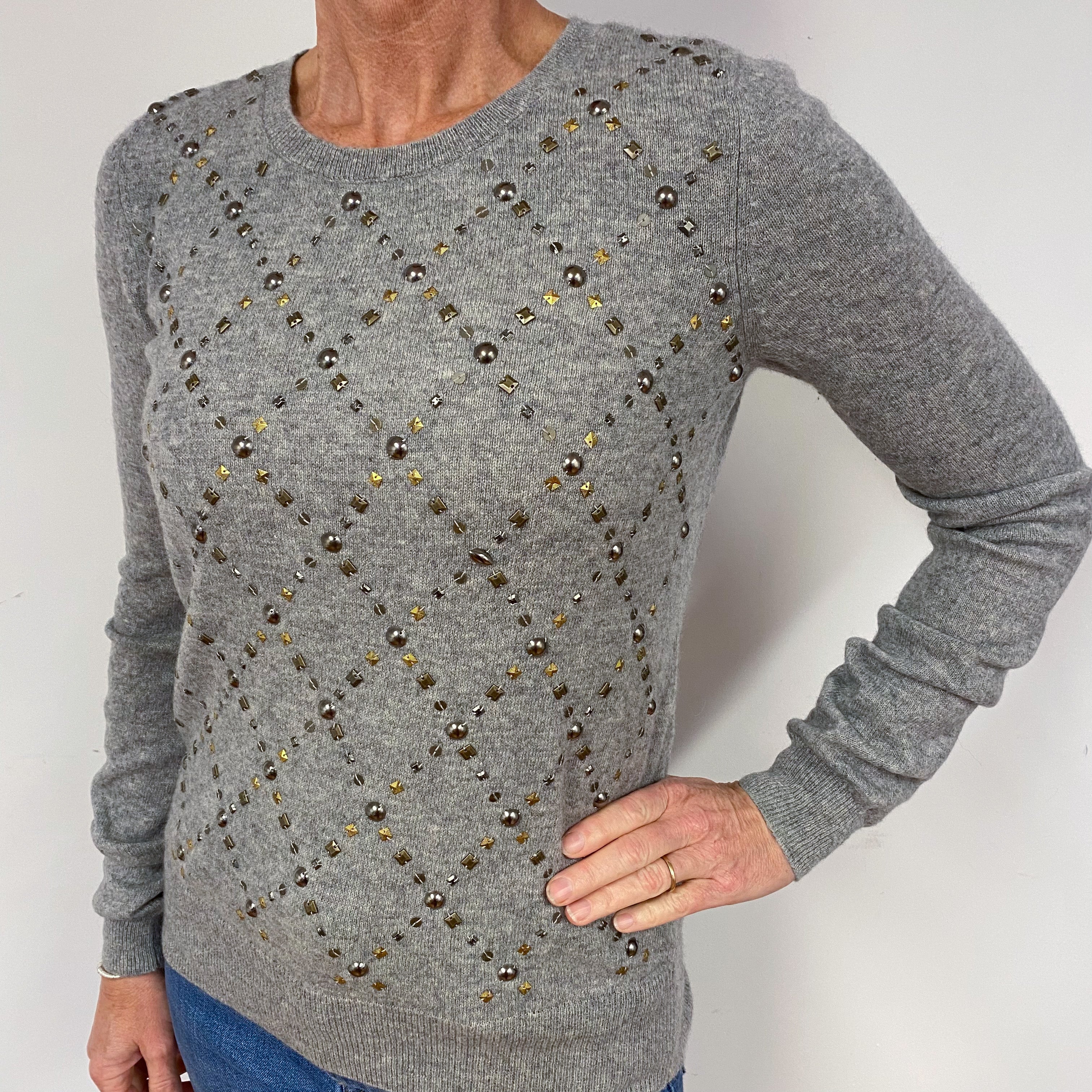 Steel Grey Embellishes Cashmere Crew Neck Jumper Medium