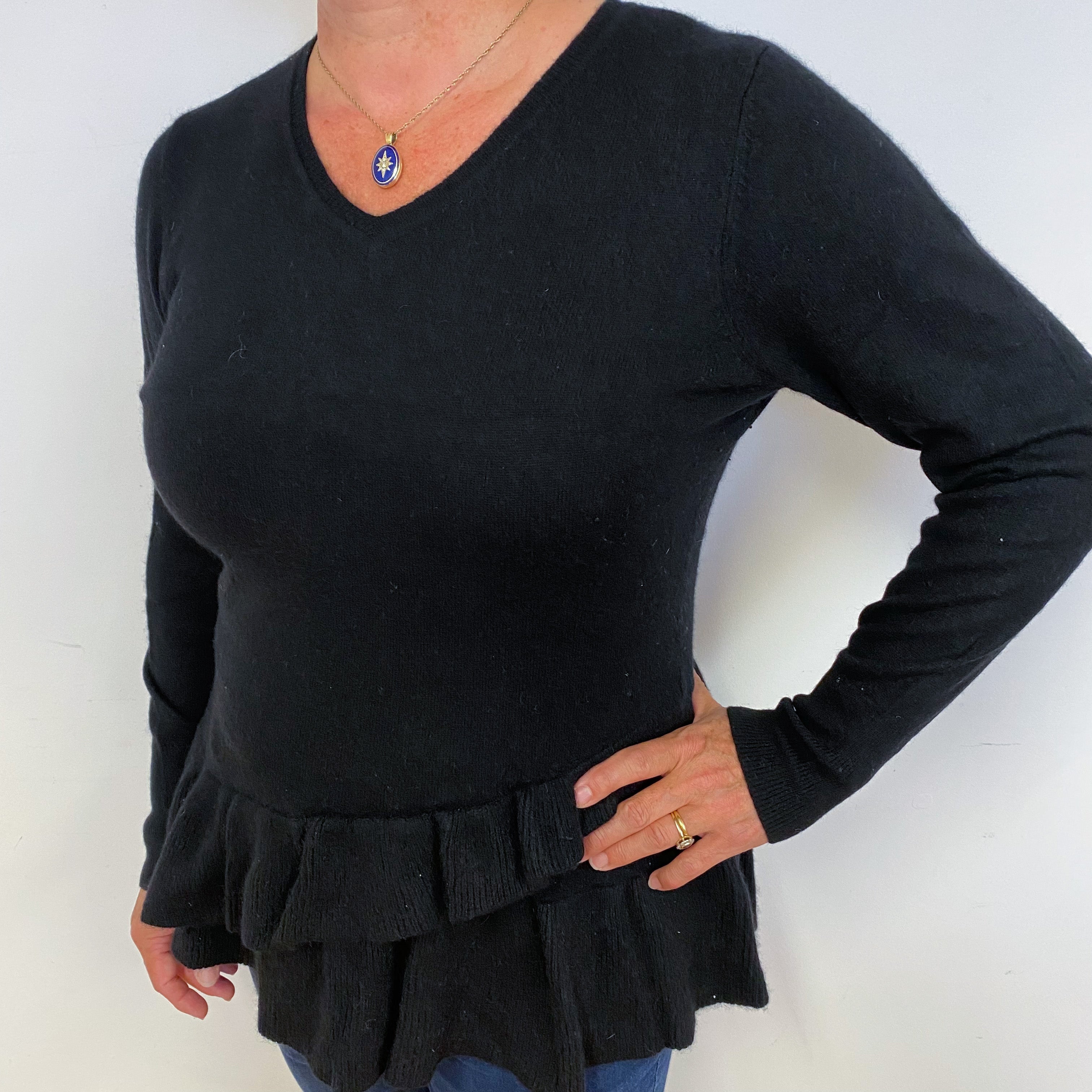 Black Frilly V Neck Cashmere Jumper