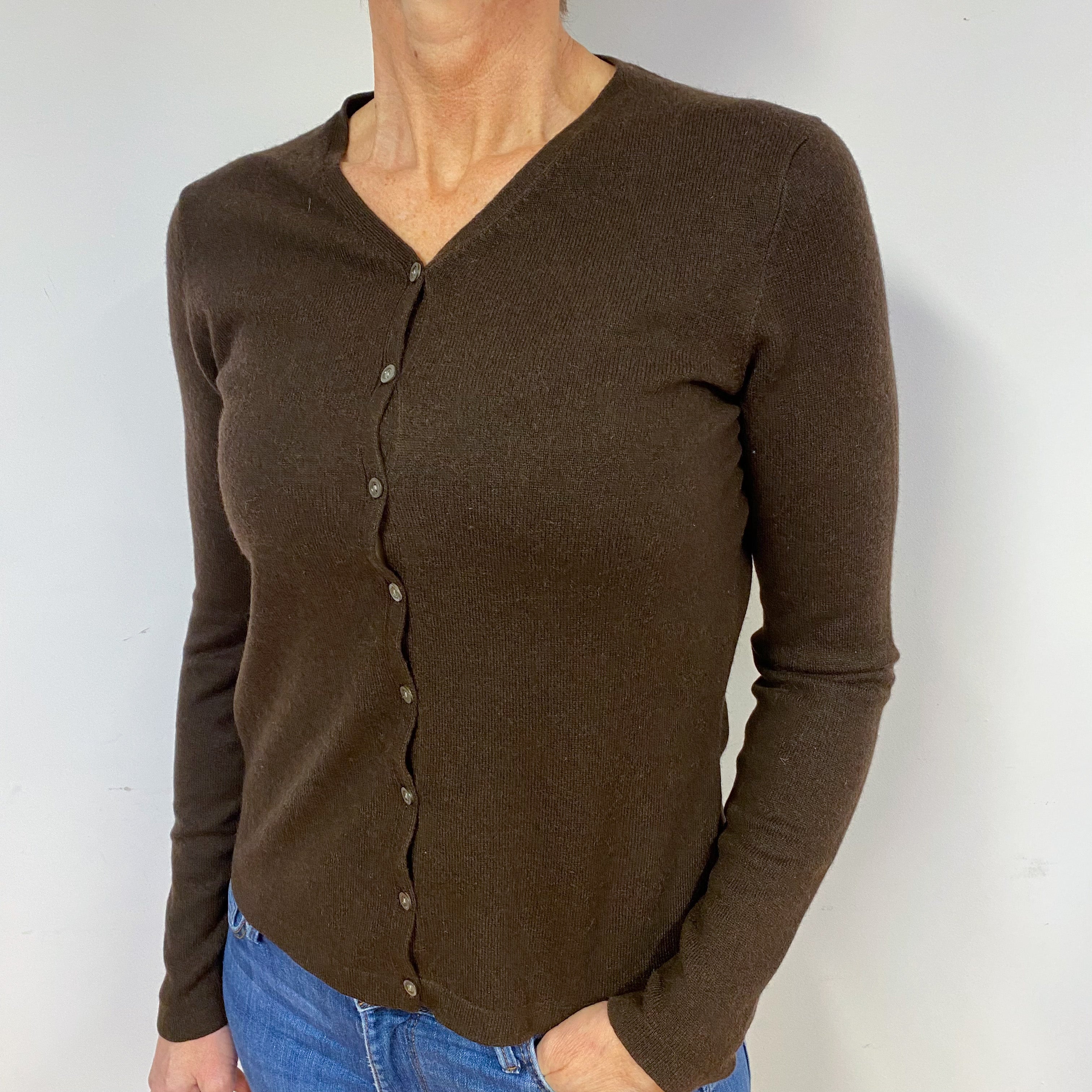 Dark Chocolate Brown Cashmere V-Neck Cardigan Medium