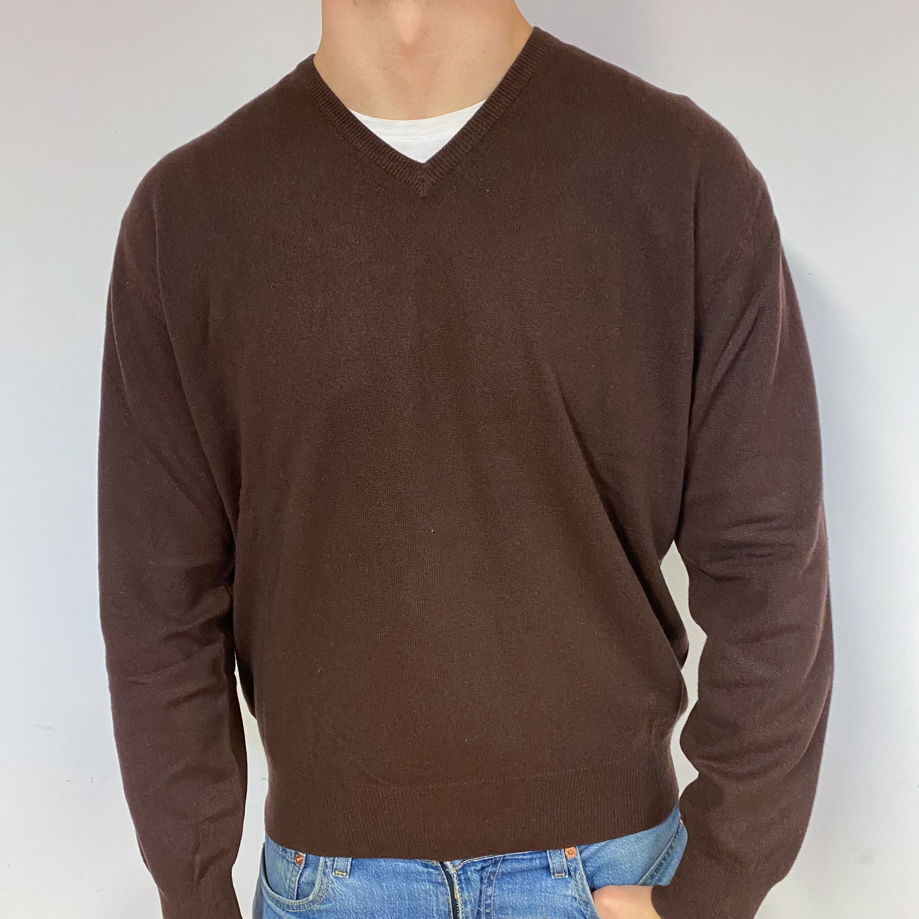 Men's Chocolate Brown Cashmere V-Neck Jumper Extra Large