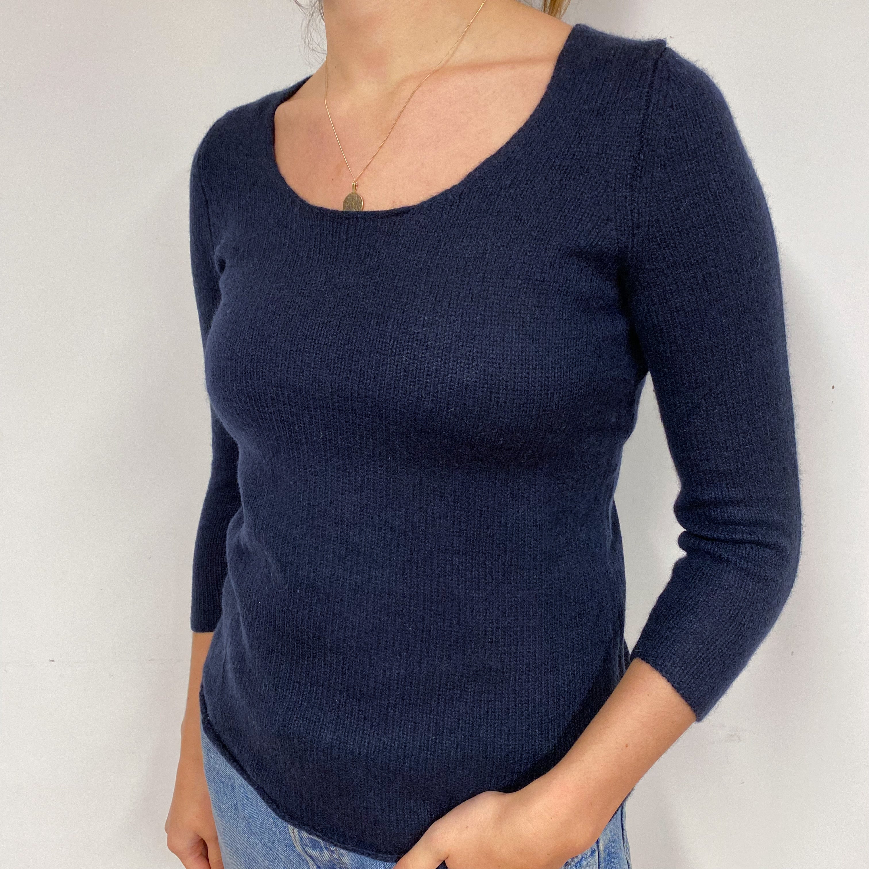 Navy Blue 3/4 Sleeve Cashmere Scoop Neck Jumper Small