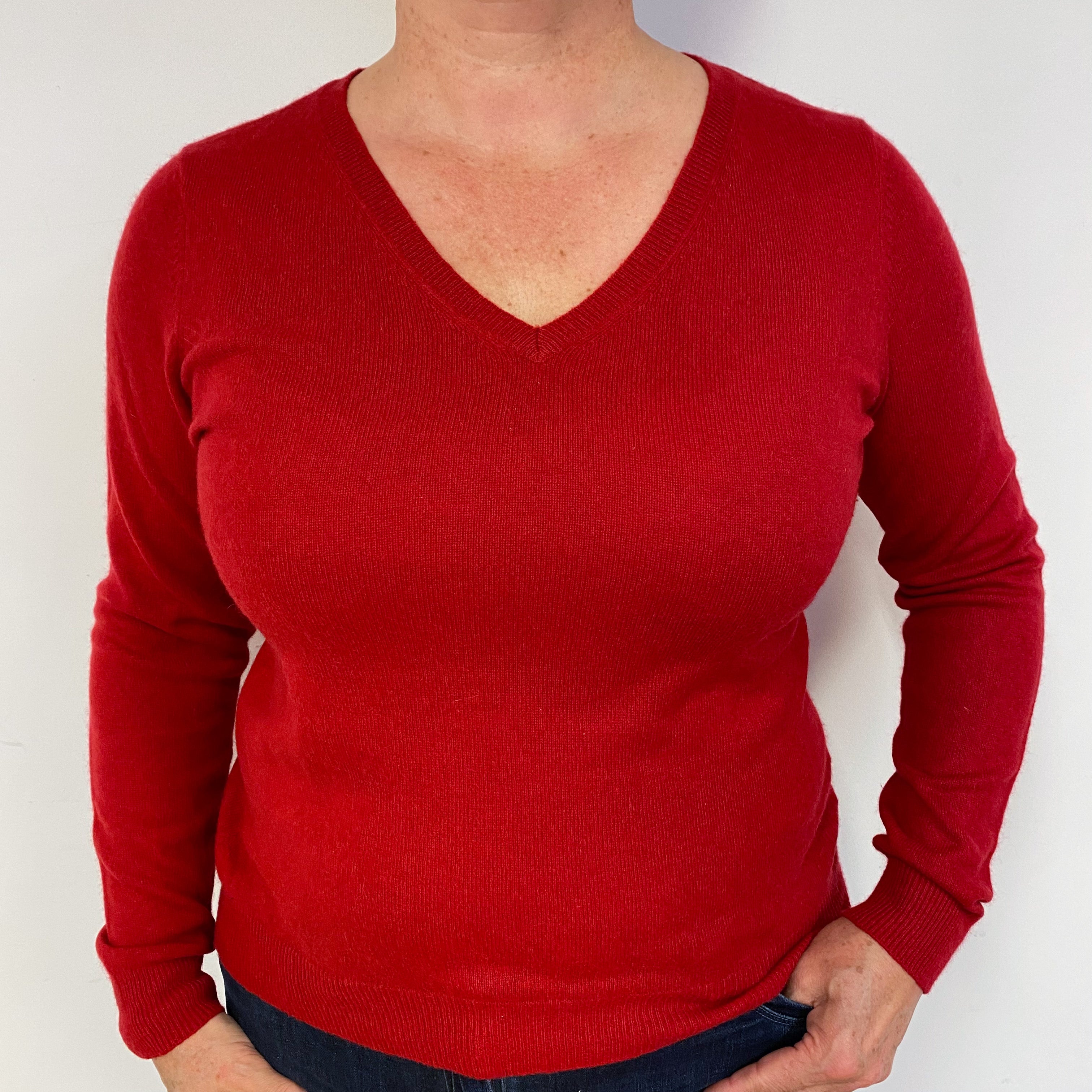 Post Box Red Cashmere V-Neck Jumper Large