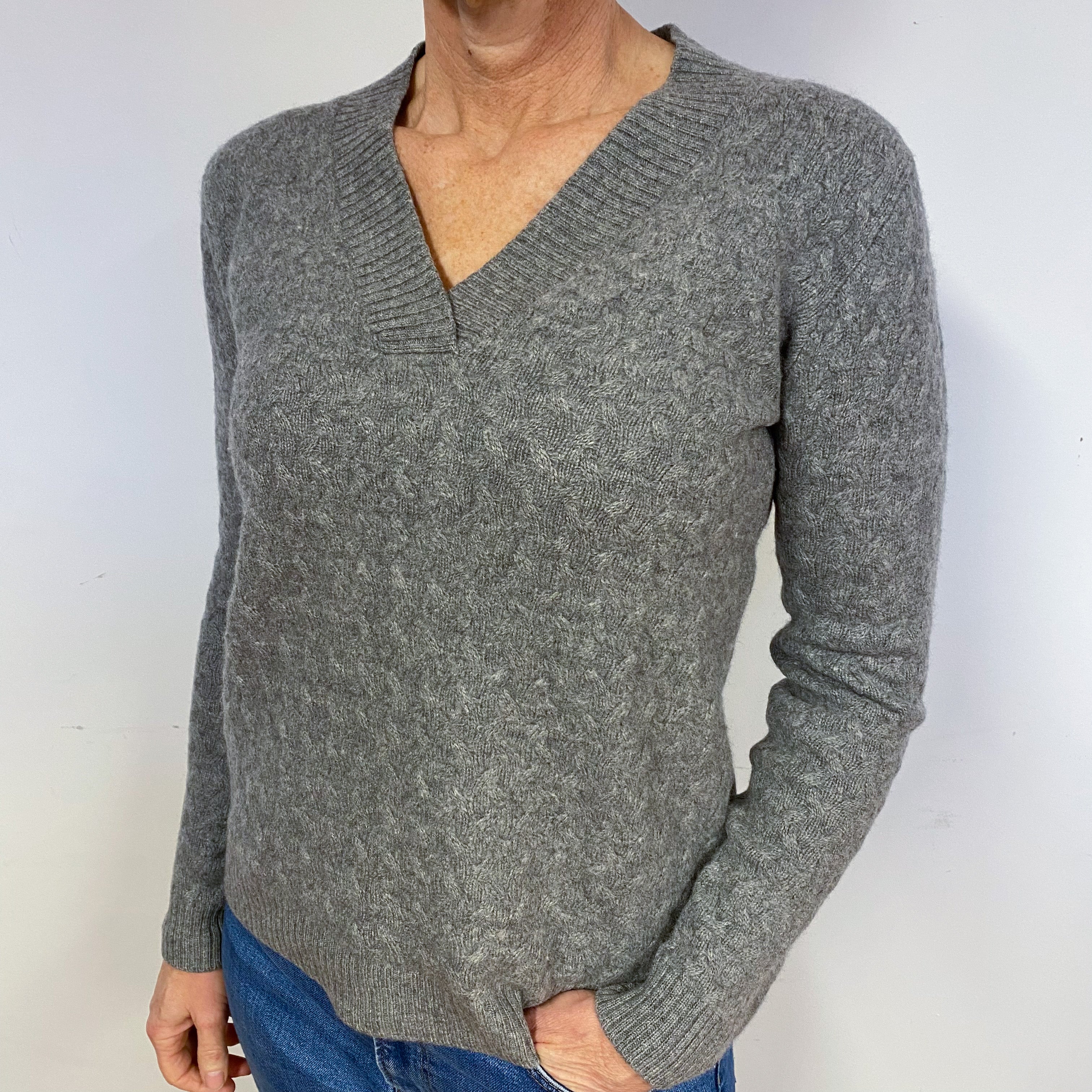 Steel Grey Cable Knit Cashmere V-Neck Jumper Medium