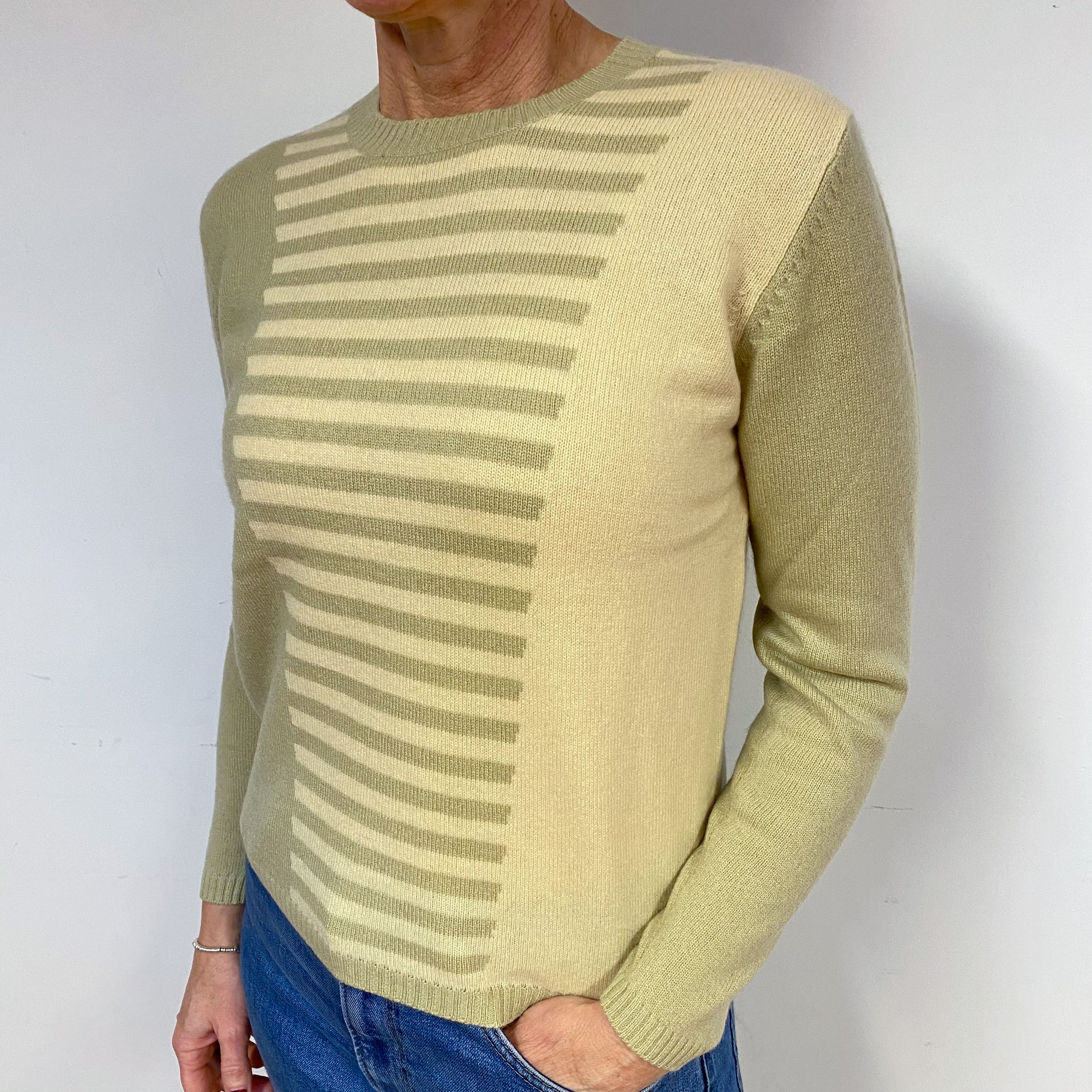 Pistachio Green and Lemon Cashmere Crew Neck Jumper Medium