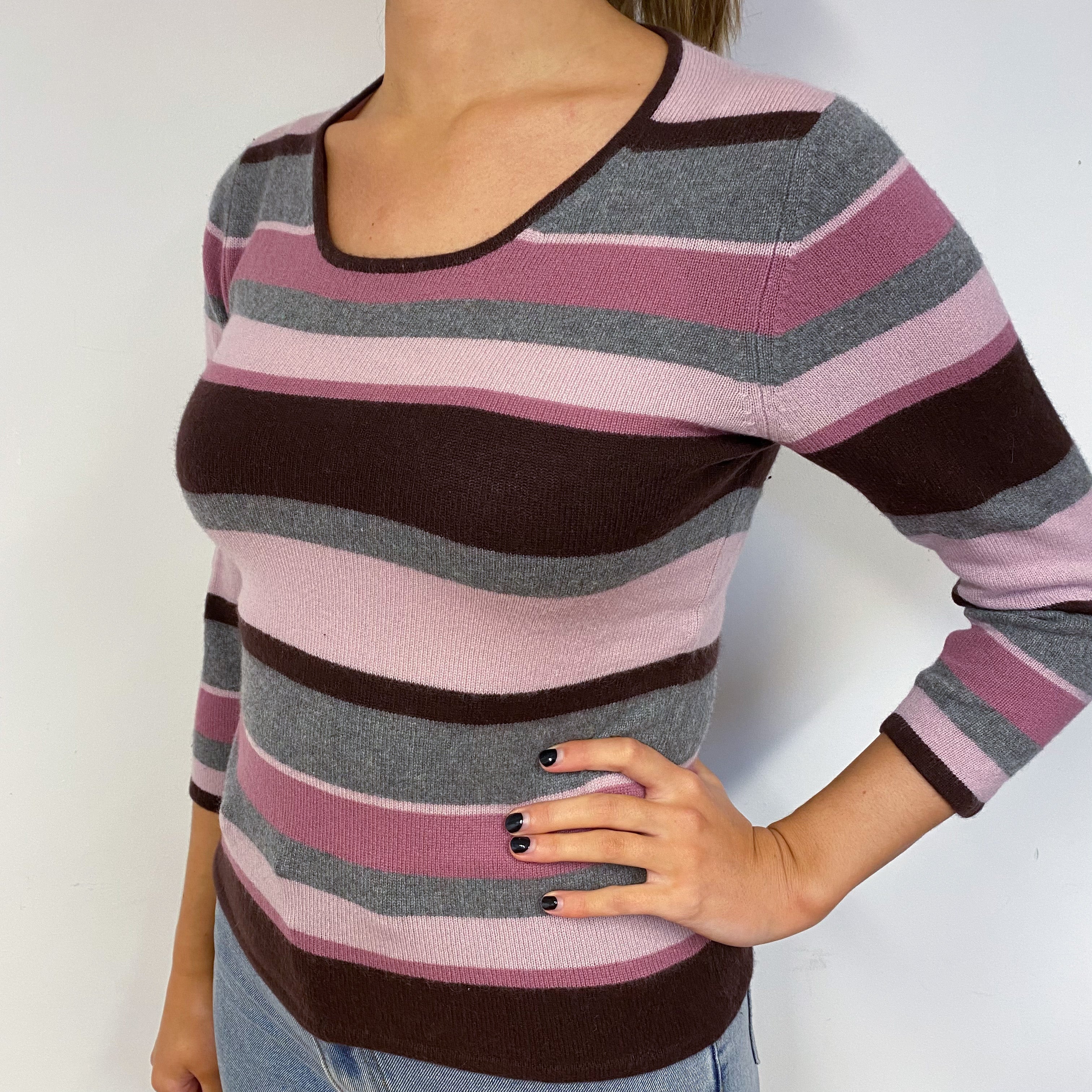 Pink and Grey Striped Cashmere Crew Neck Jumper Small