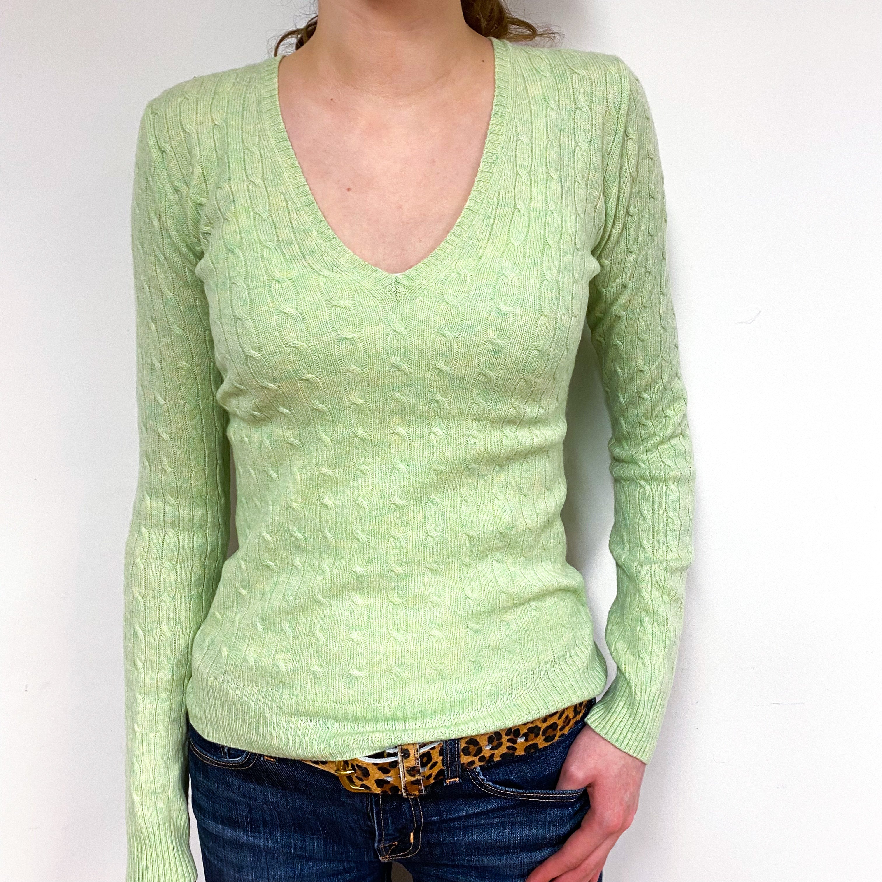 Lime Green Cable Cashmere V-Neck Jumper Extra Small