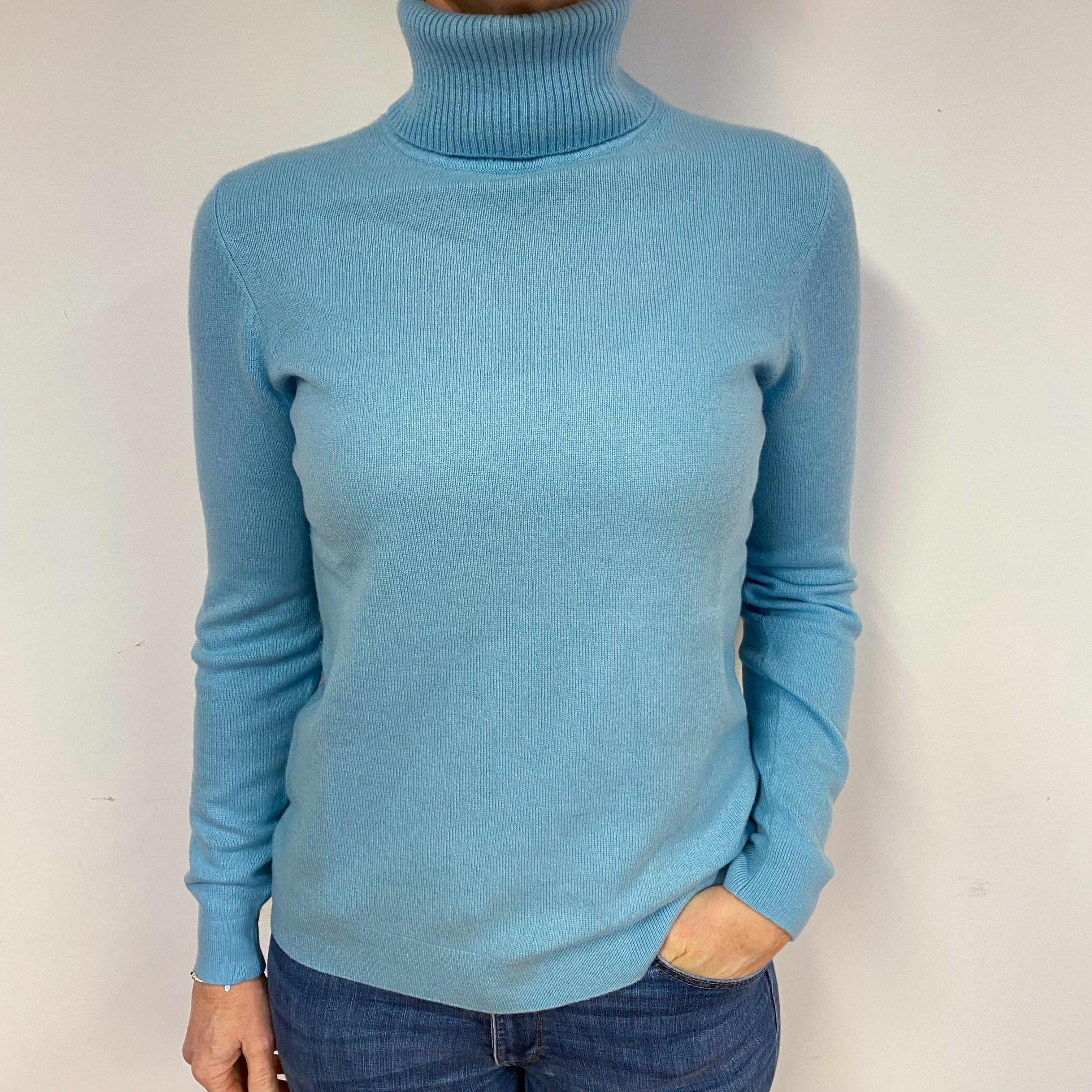 Pale Aqua Blue Cashmere Polo Neck Jumper Medium