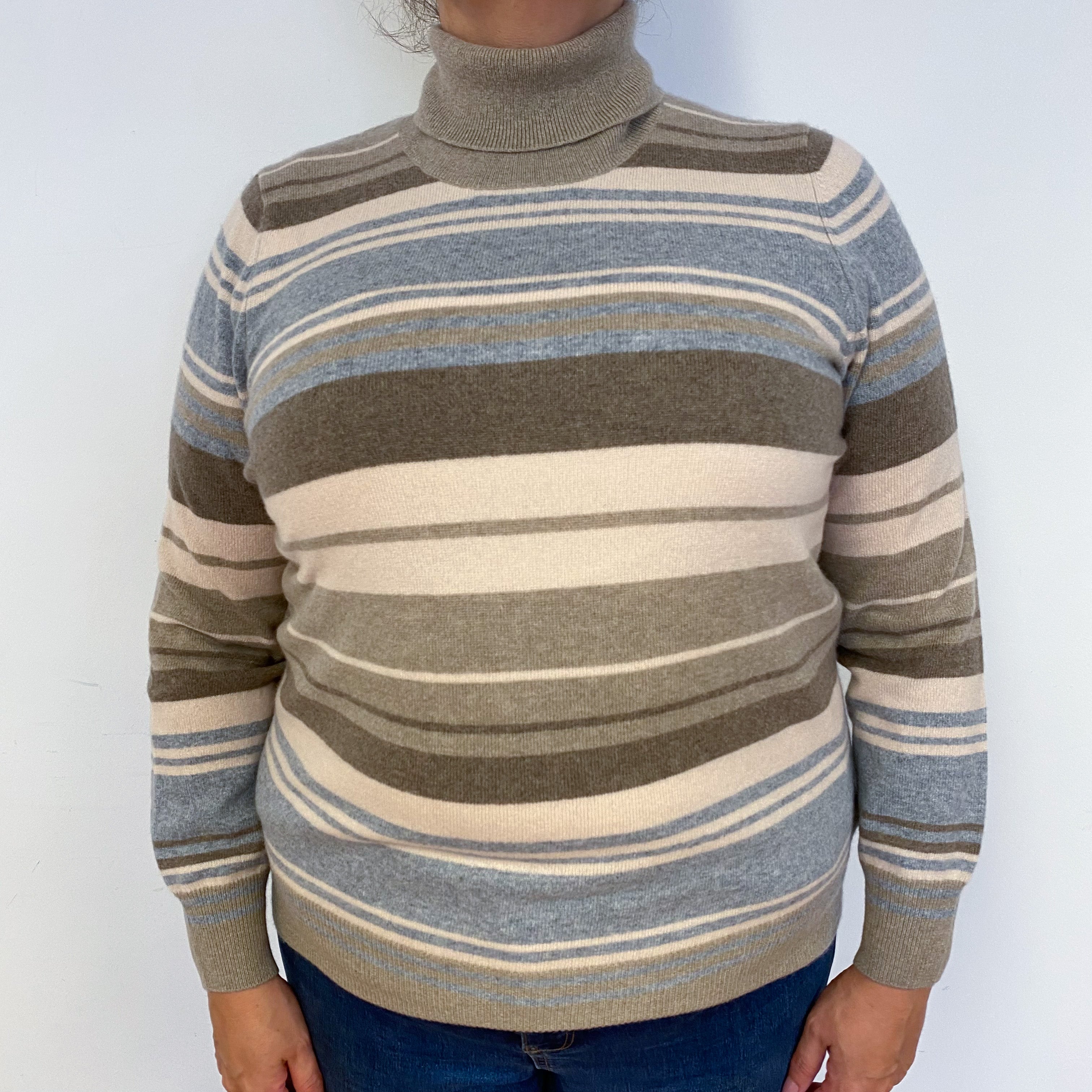 New Brown and Beige Striped Cashmere Polo Neck Jumper