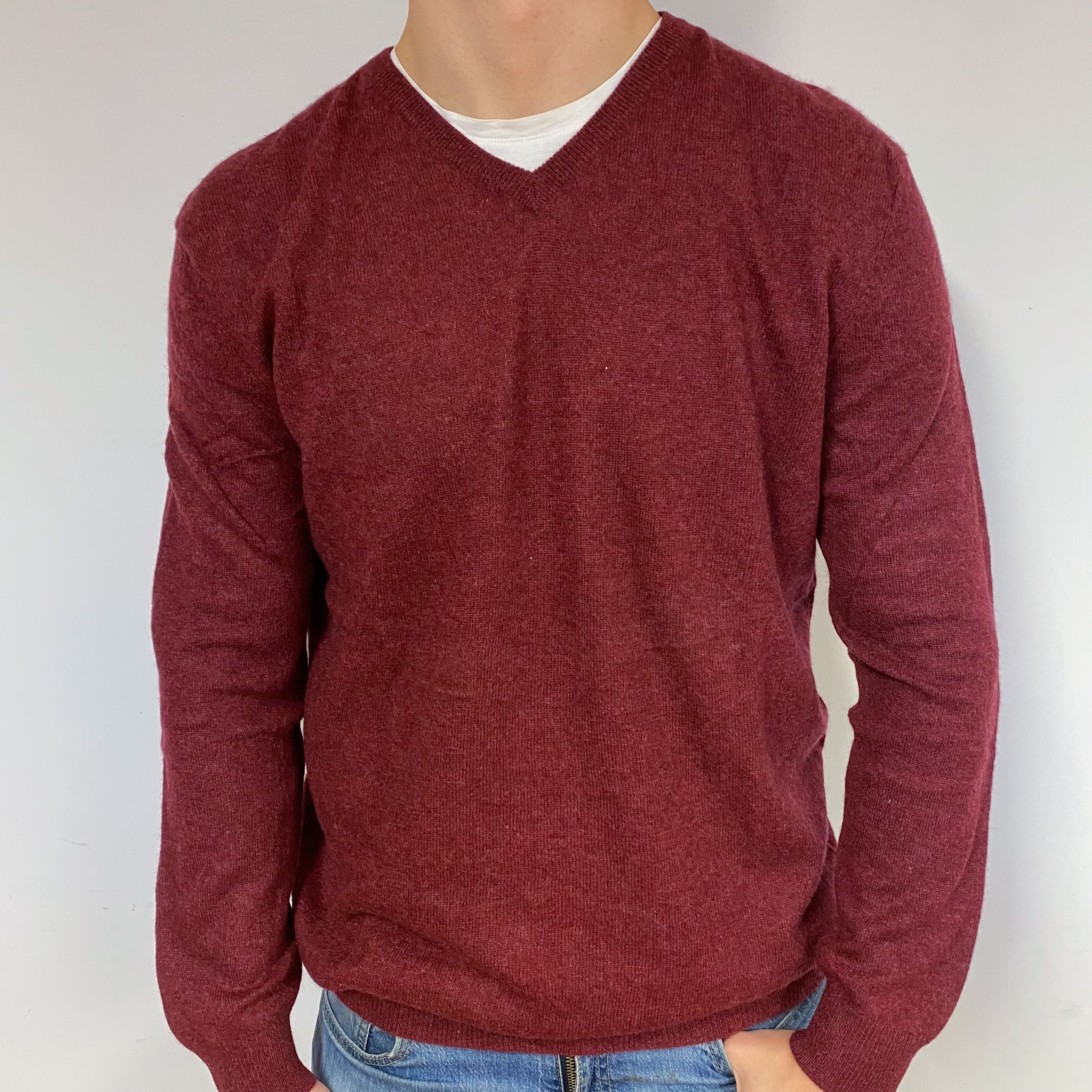 Men's Wine Red Cashmere V-Neck Jumper Extra Large