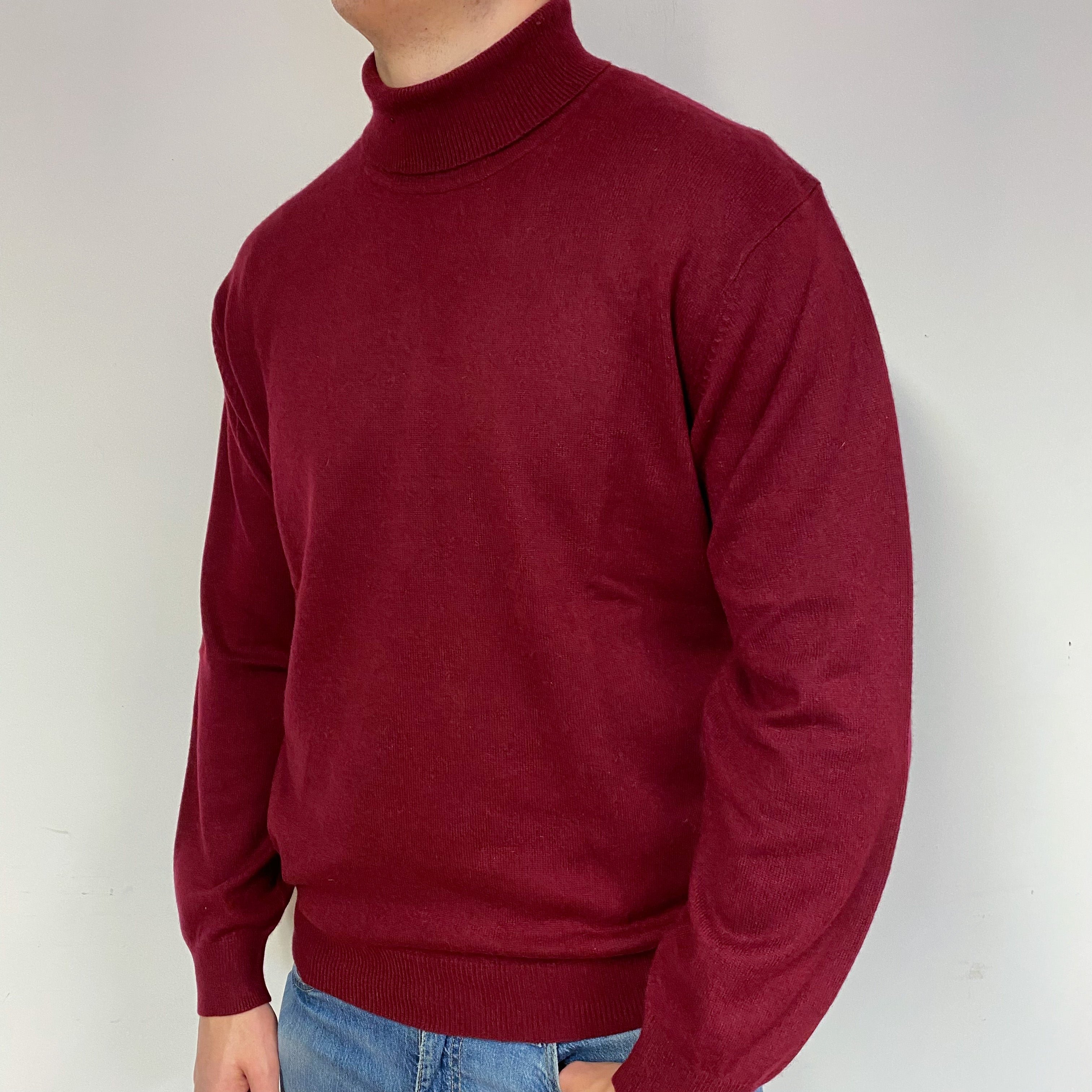 Men's Wine Red Cashmere Polo Neck Jumper XL