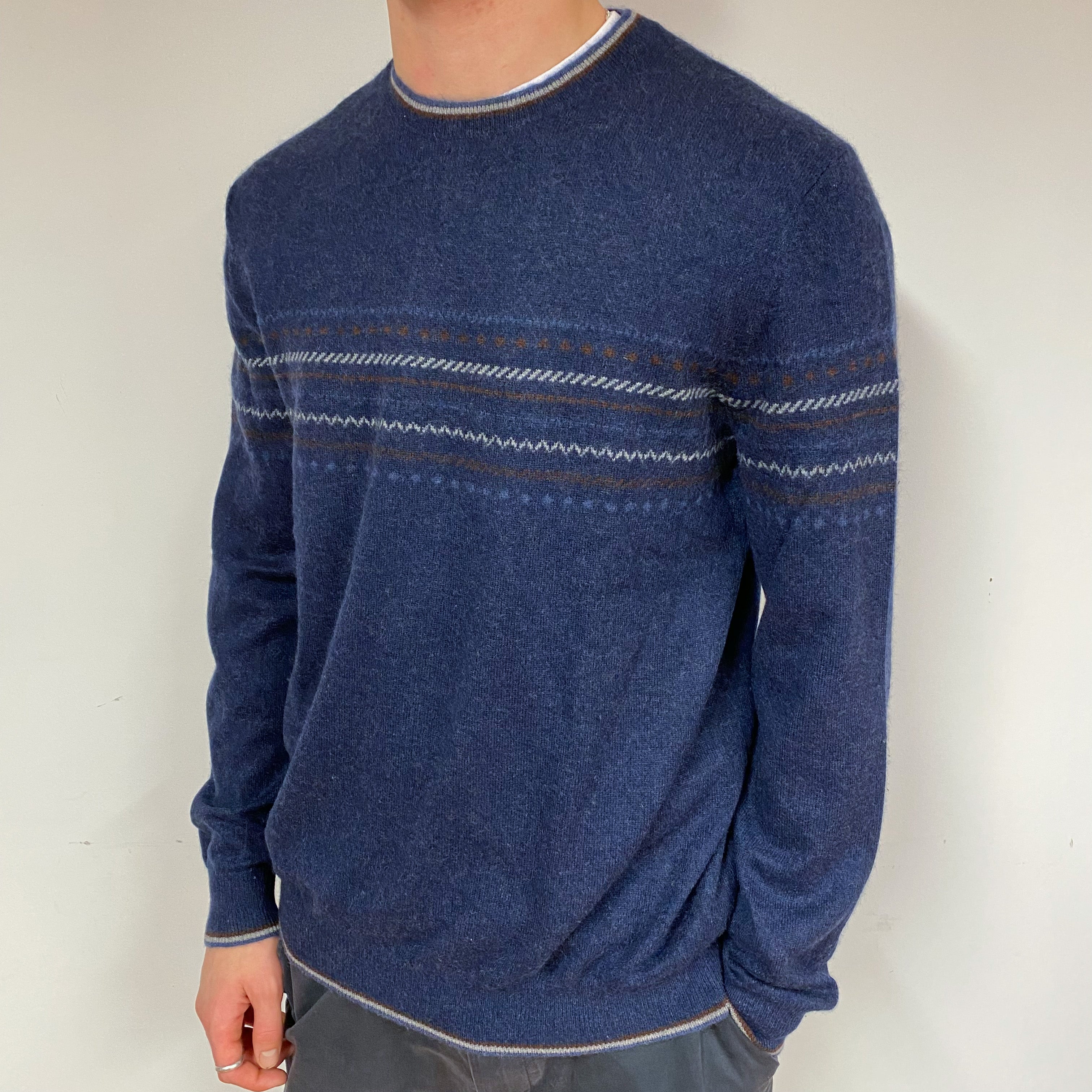 Men's Navy Stripe Cashmere Crew Neck Jumper Large