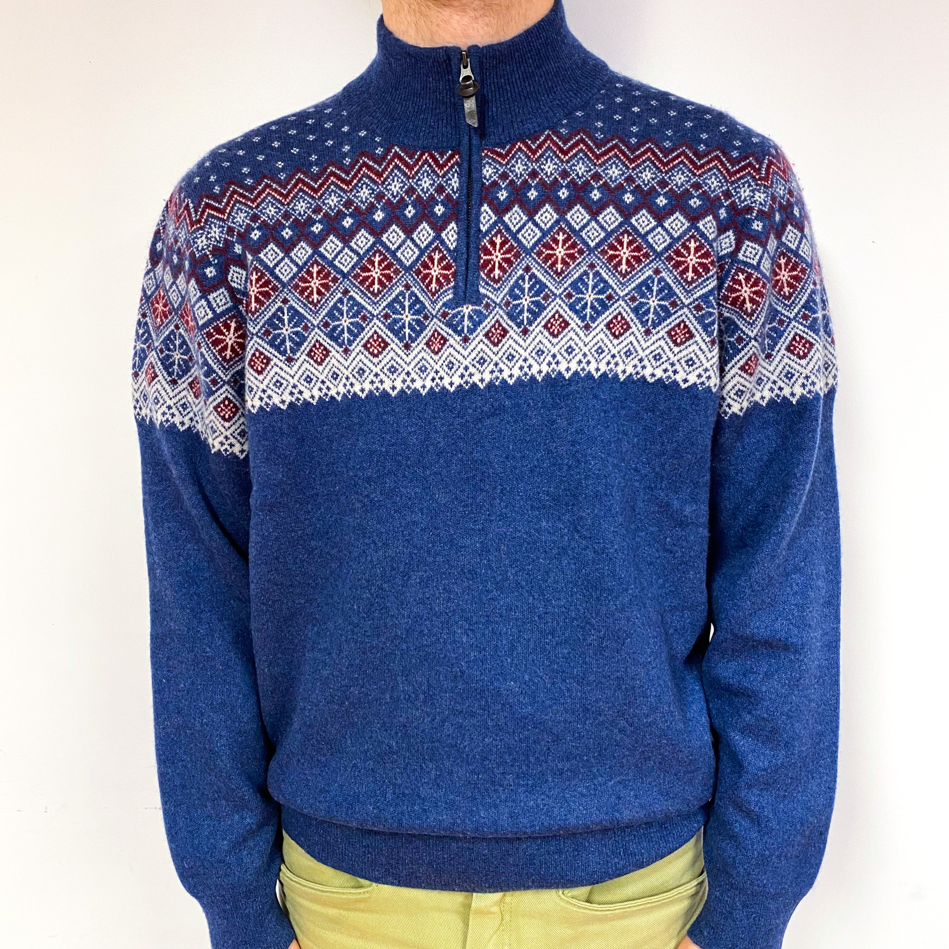 Men's Blue Fair Isle Cashmere 1/4 Zip Jumper Large