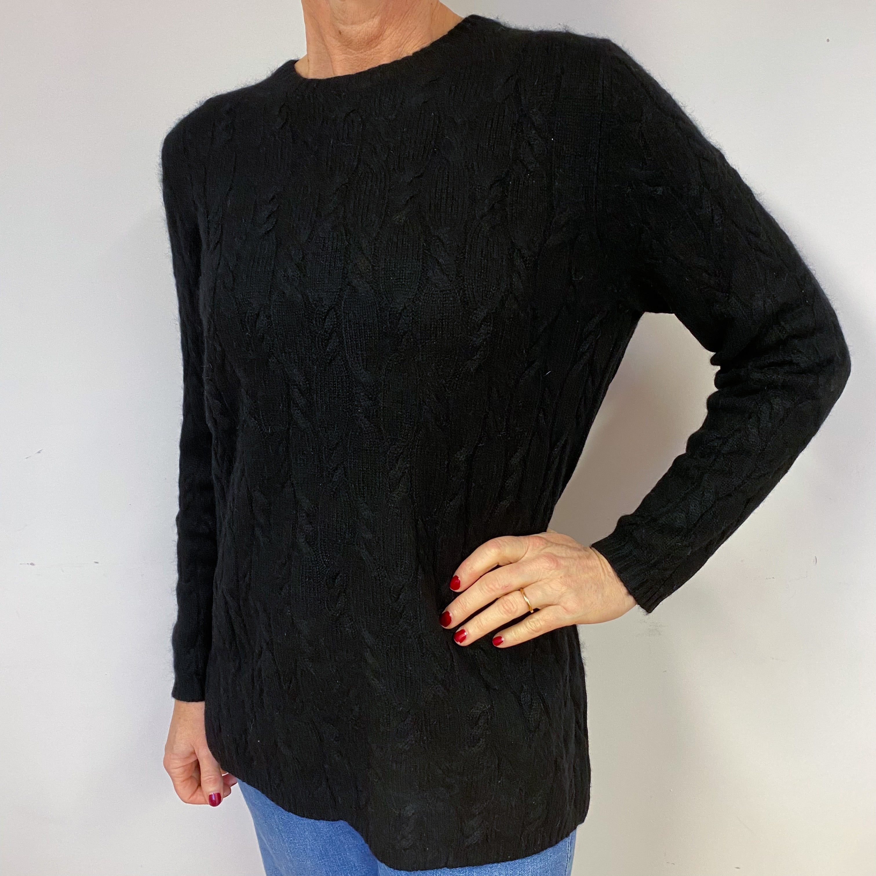 Black Cable Longline Cashmere Crew Neck Jumper Medium