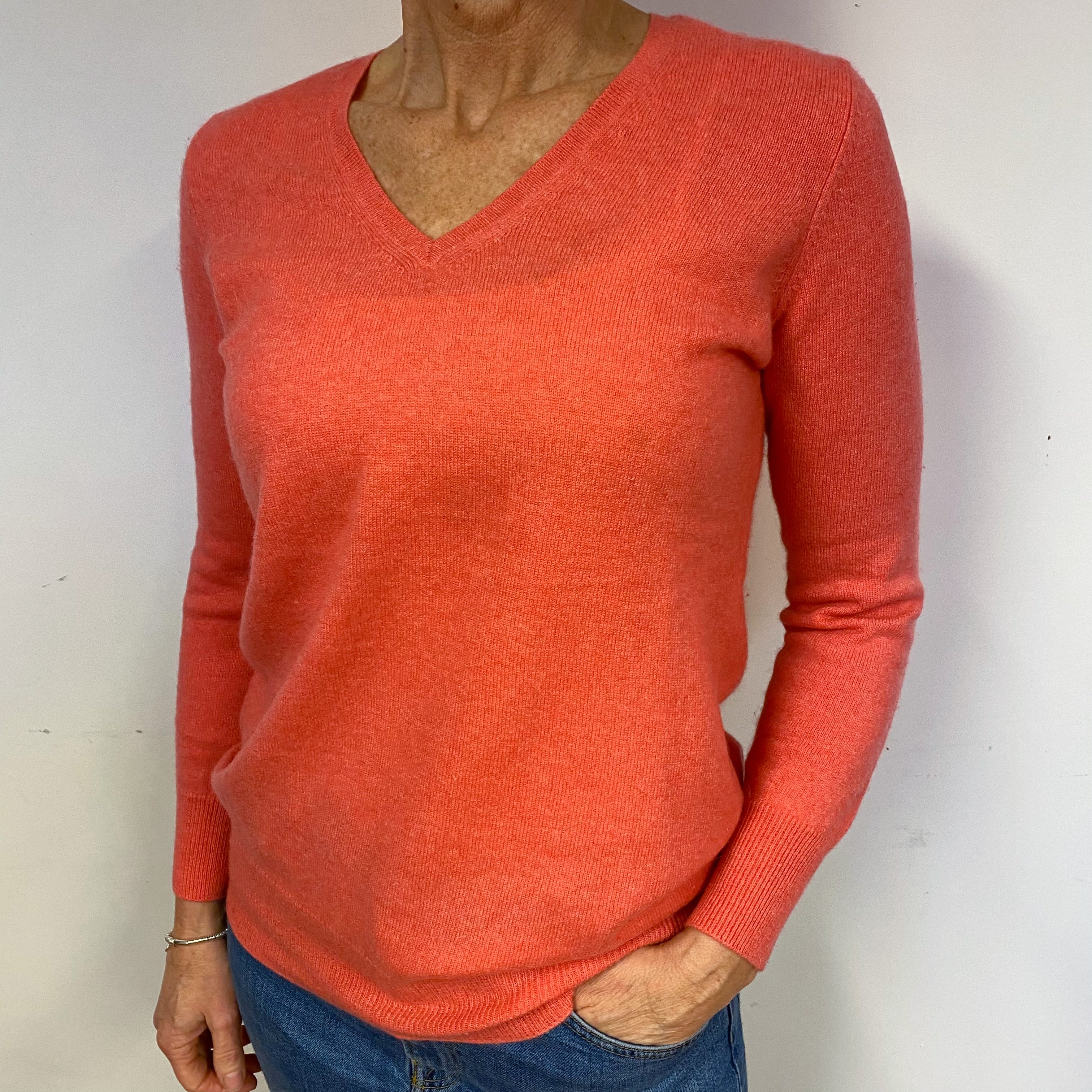 Coral Pink Cashmere V-Neck Jumper Medium