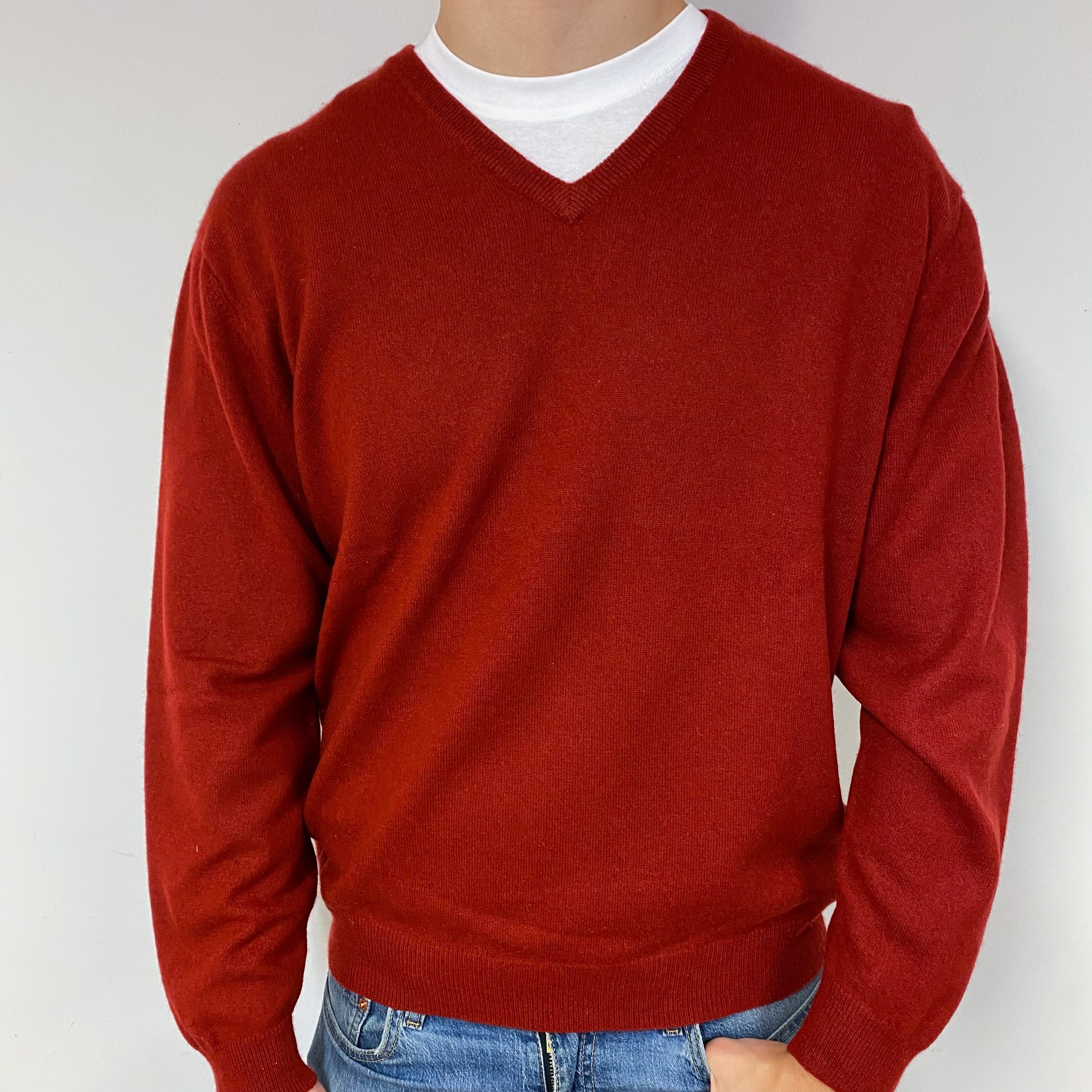 Men's Burgundy Red Cashmere V-Neck Jumper Extra Large