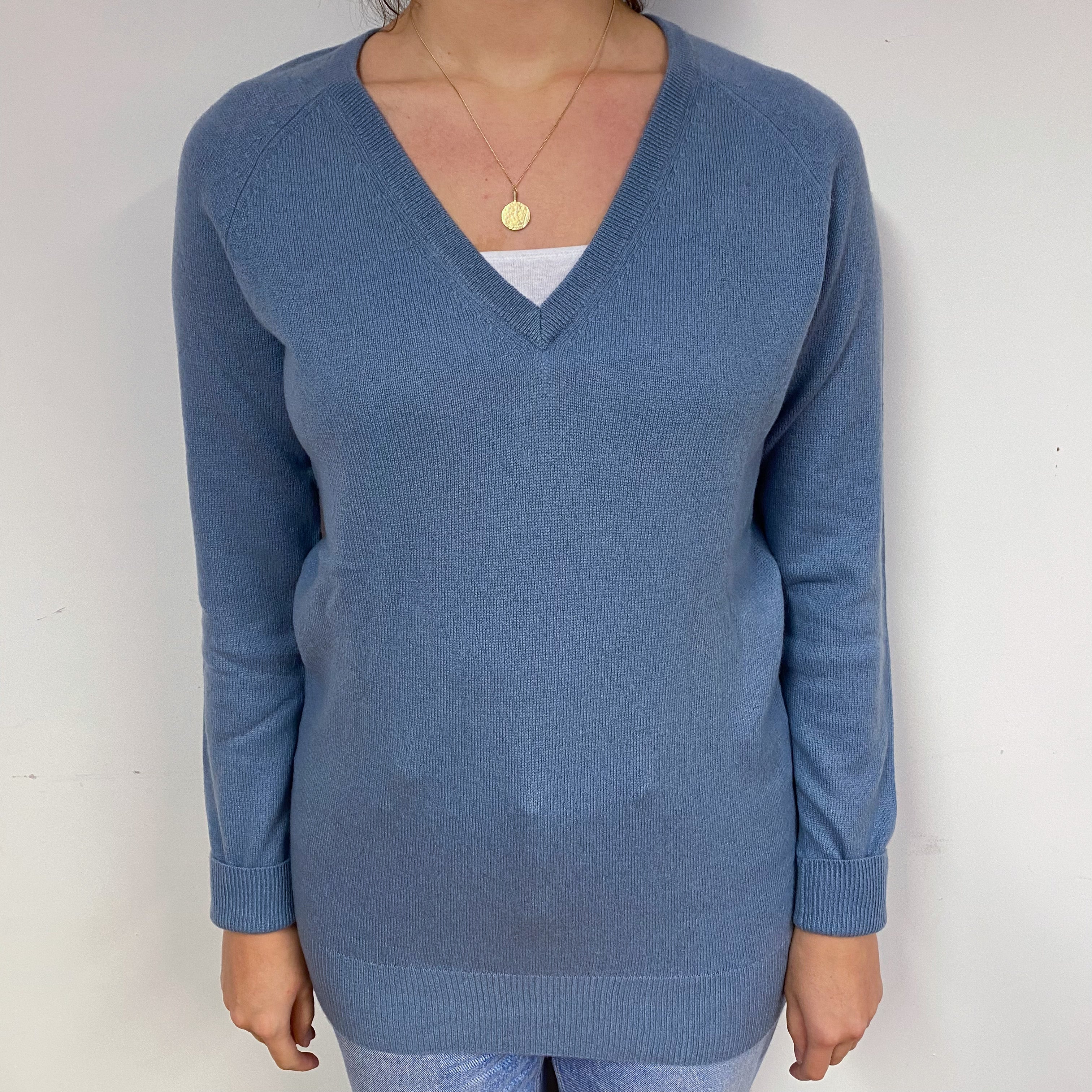 Slouchy Blue Grey Cashmere V-Neck Jumper Small