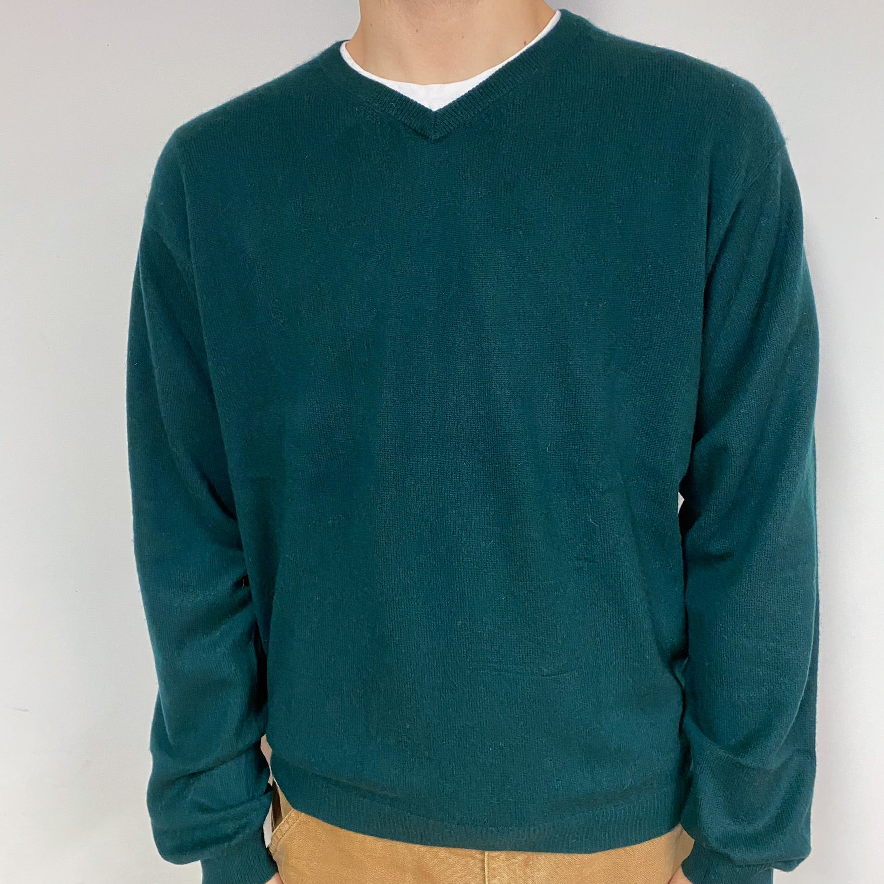 Men's Forest Green Cashmere V-Neck Jumper Large