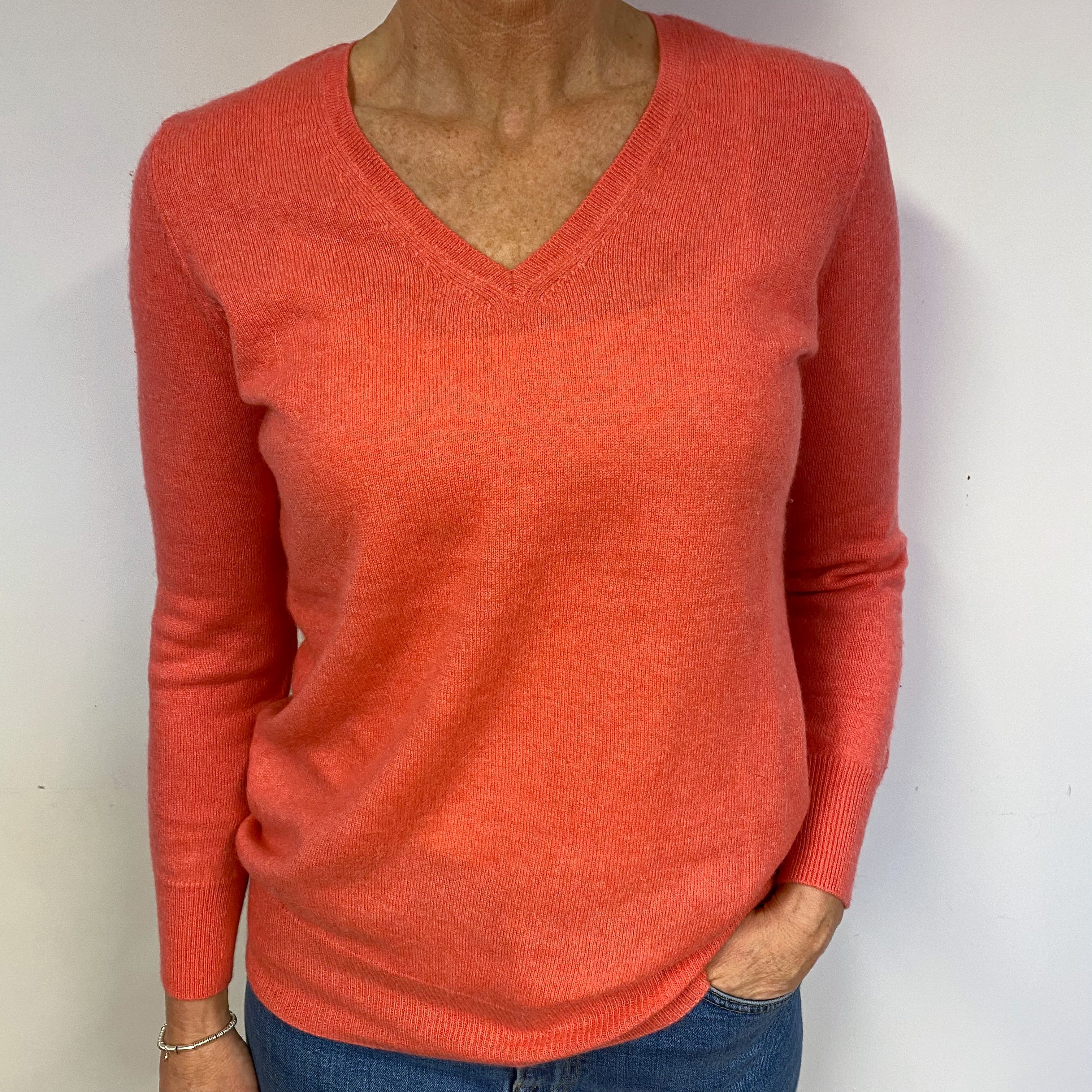 Coral Pink Cashmere V-Neck Jumper Medium