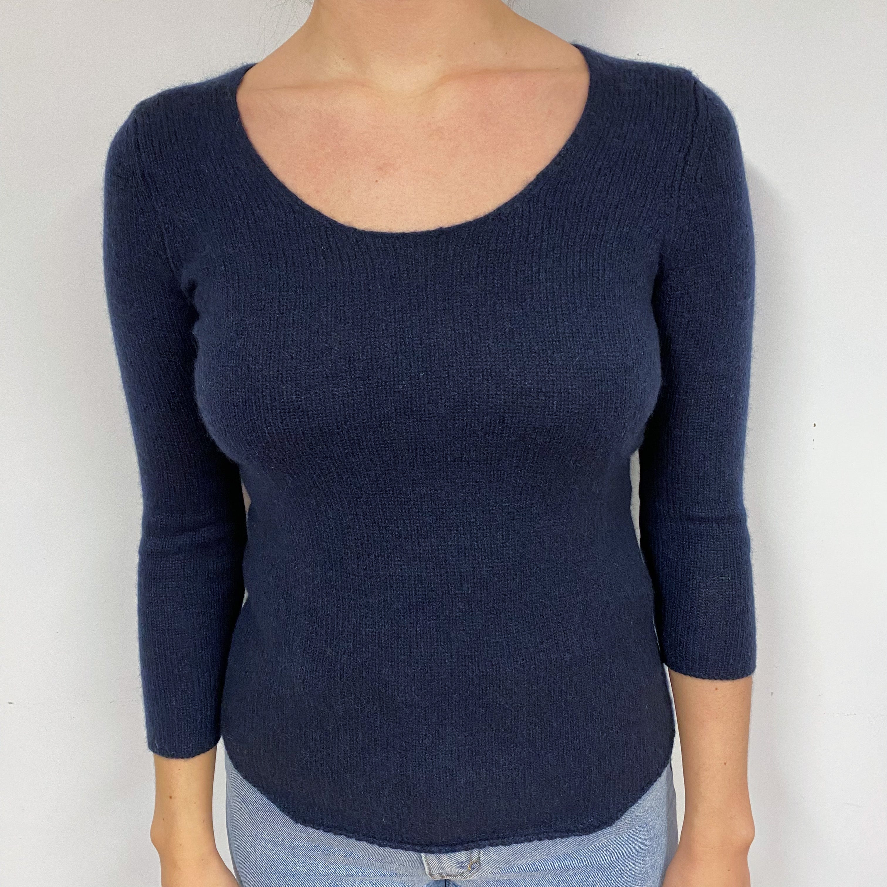 Dark Navy 3/4 Sleeve Cashmere Crew Neck Jumper Small