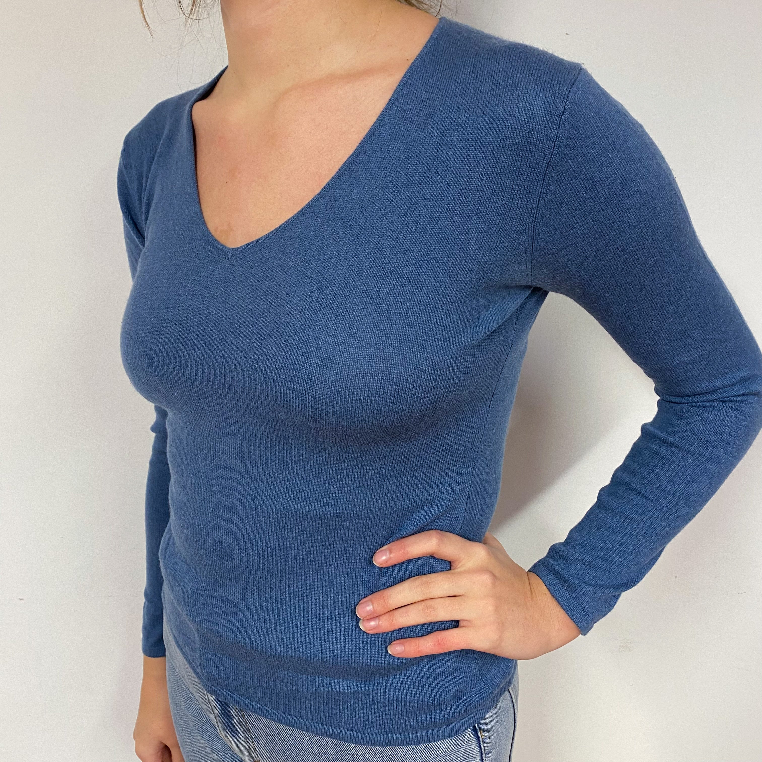 Slate Blue Cashmere V-Neck Jumper Small