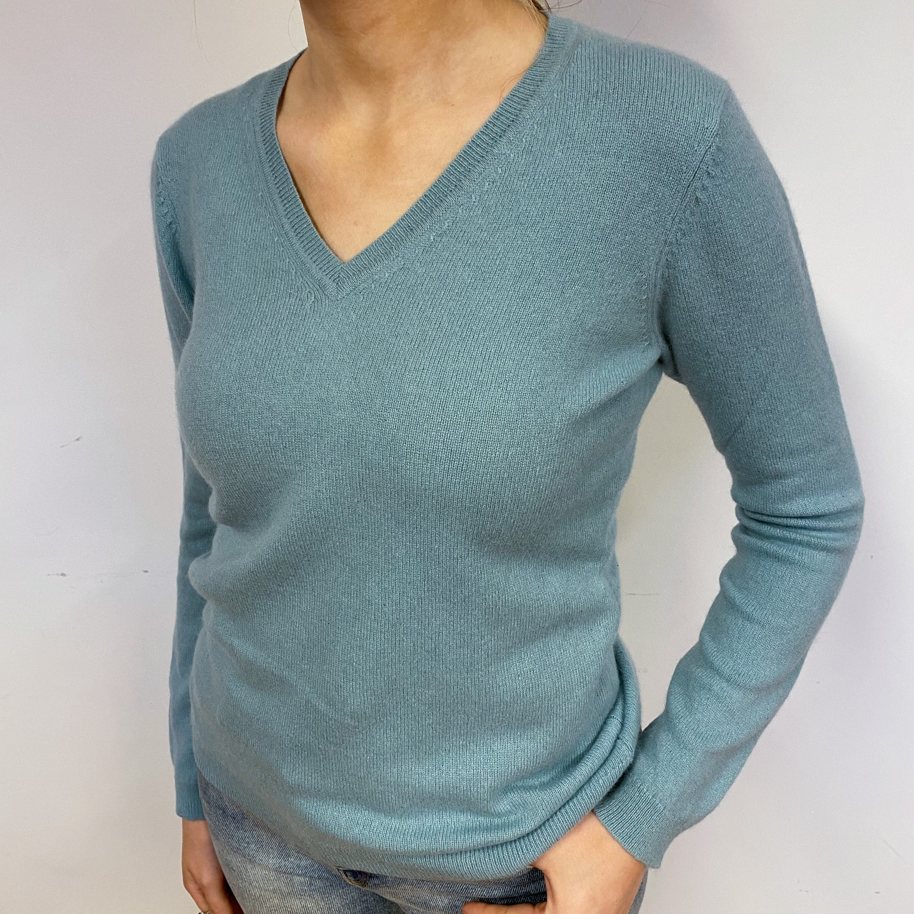 Duck Egg Blue Cashmere V-Neck Jumper Small