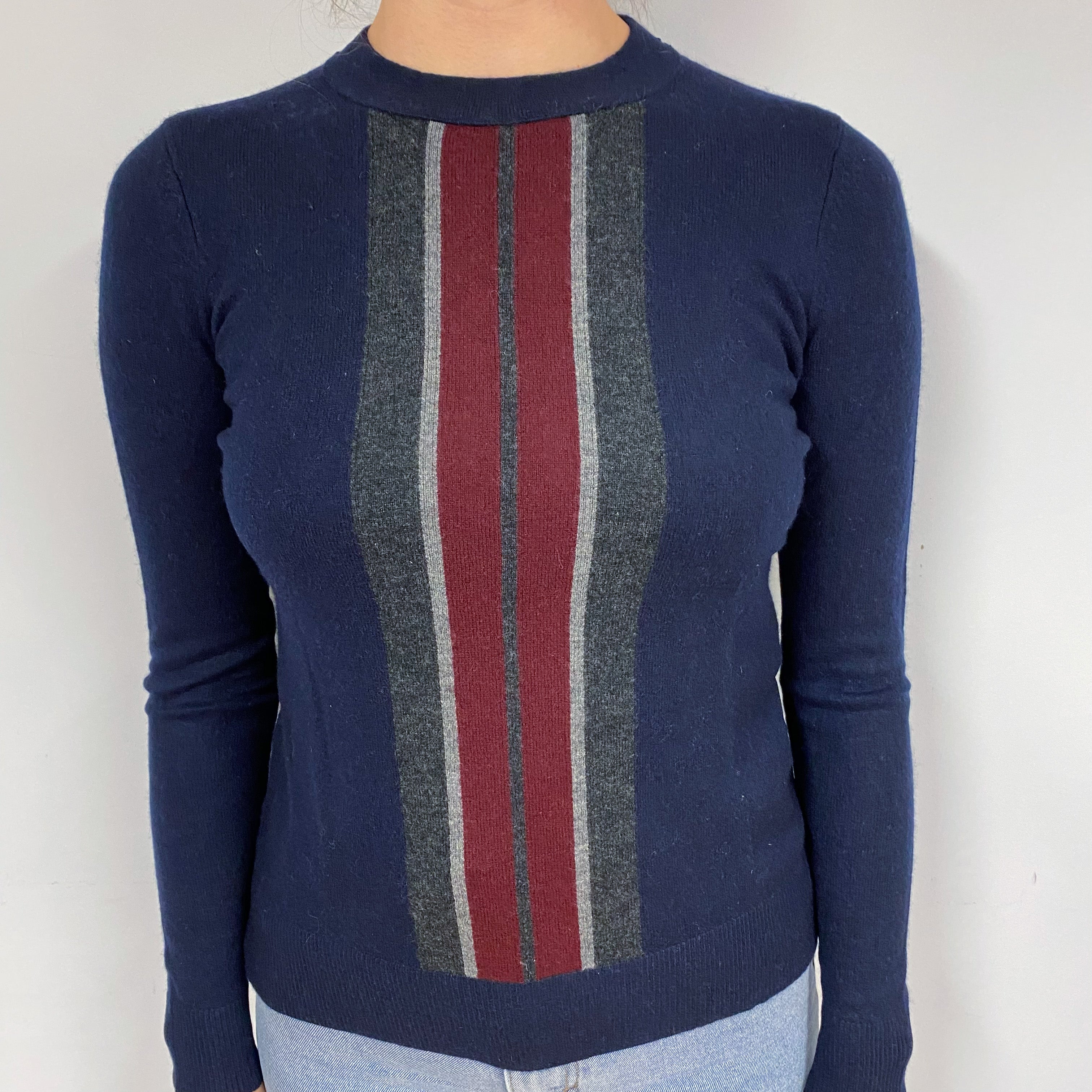 Navy Burgundy Stripe Cashmere Crew Neck Jumper Small