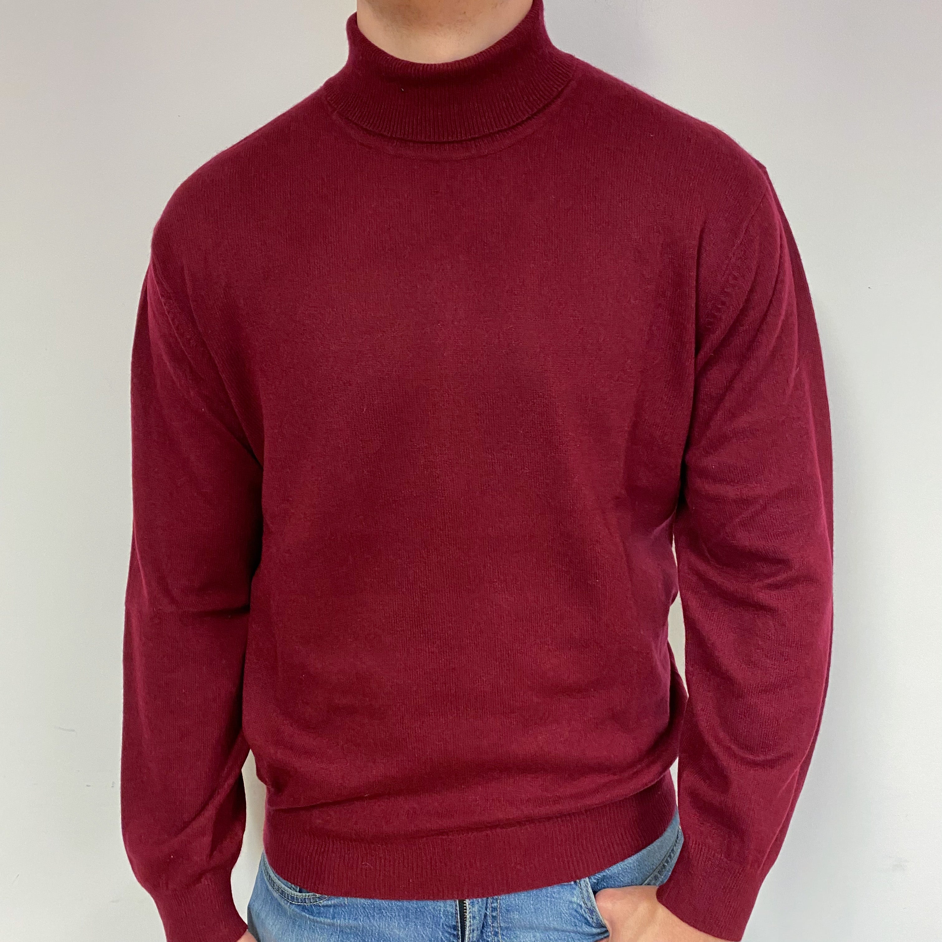 Men's Wine Red Cashmere Polo Neck Jumper XL