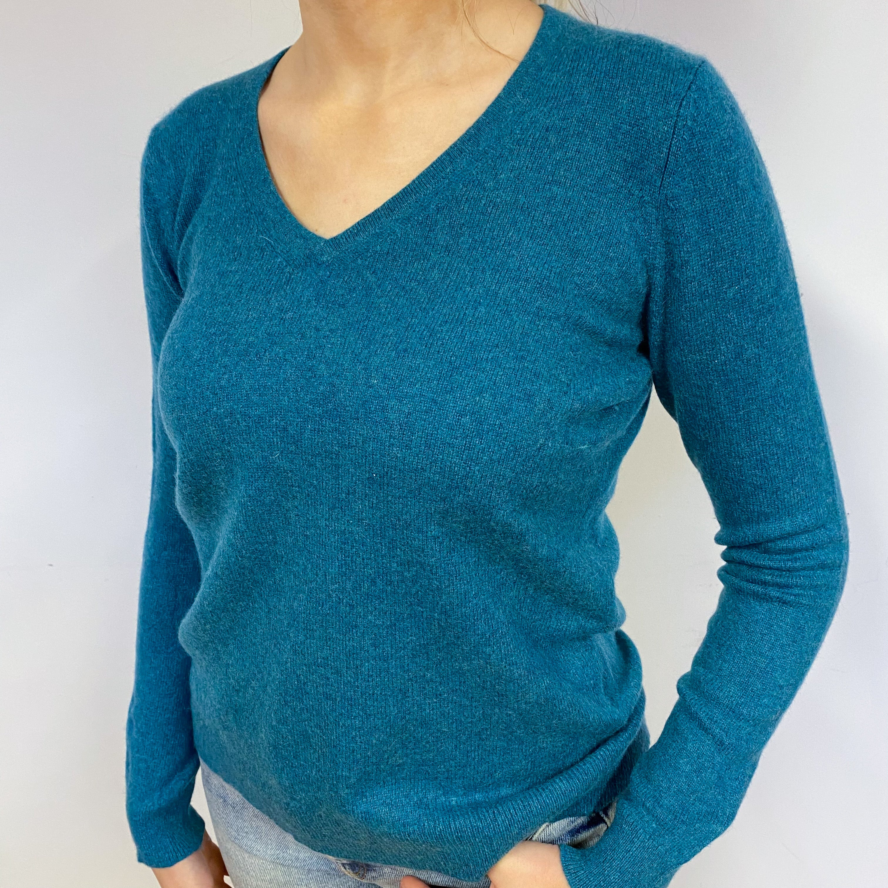 Teal Green Cashmere V-Neck Jumper Small