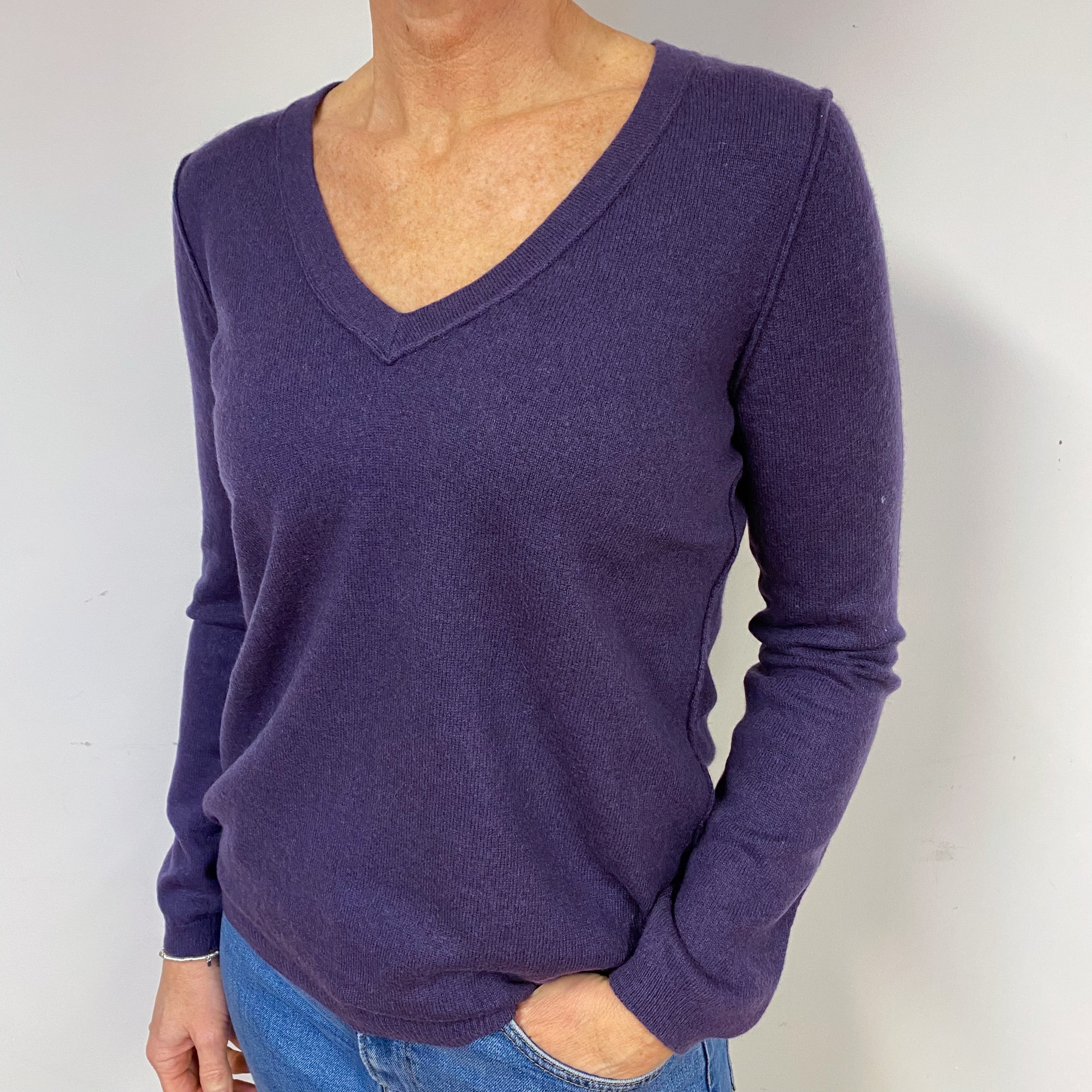 Grape Purple Cashmere V-Neck Jumper Medium