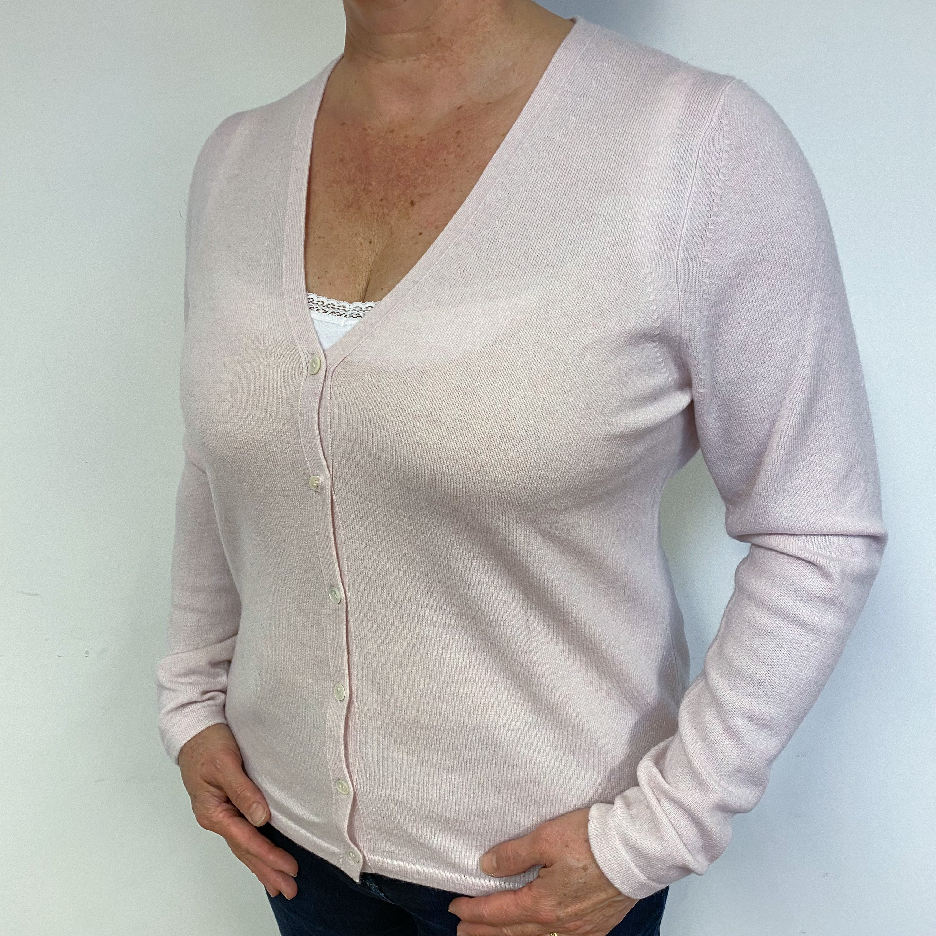 Ice Pink Cashmere V Neck Cardigan Large.