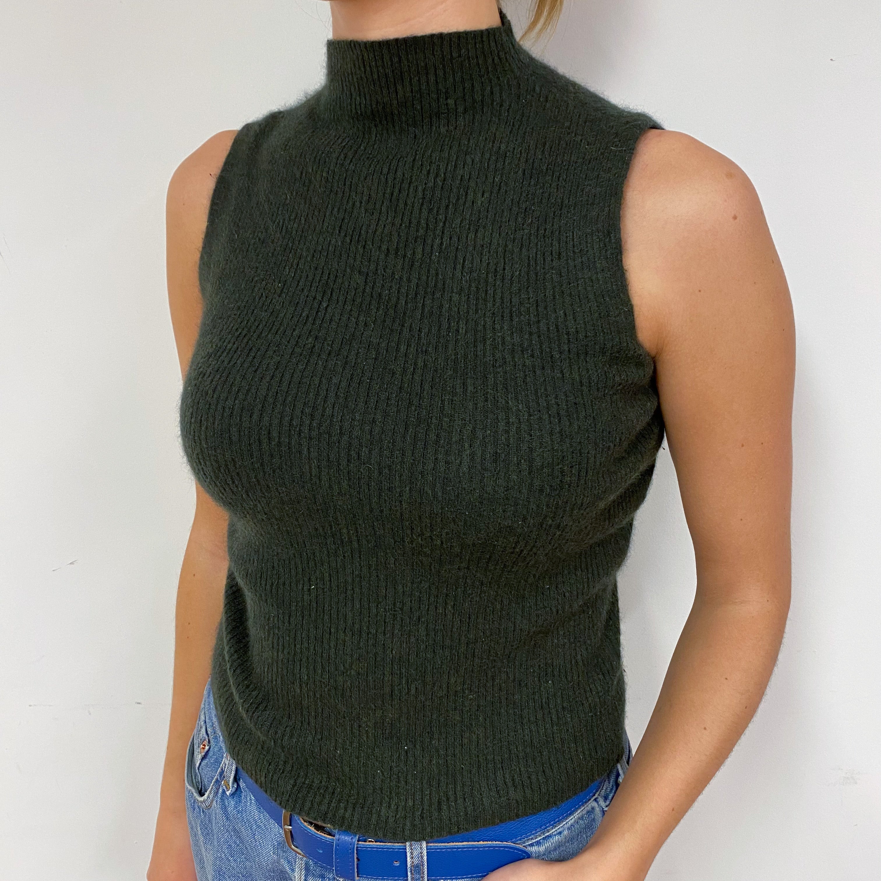 Darkest Khaki Green Sleeveless Turtle Neck Jumper Small