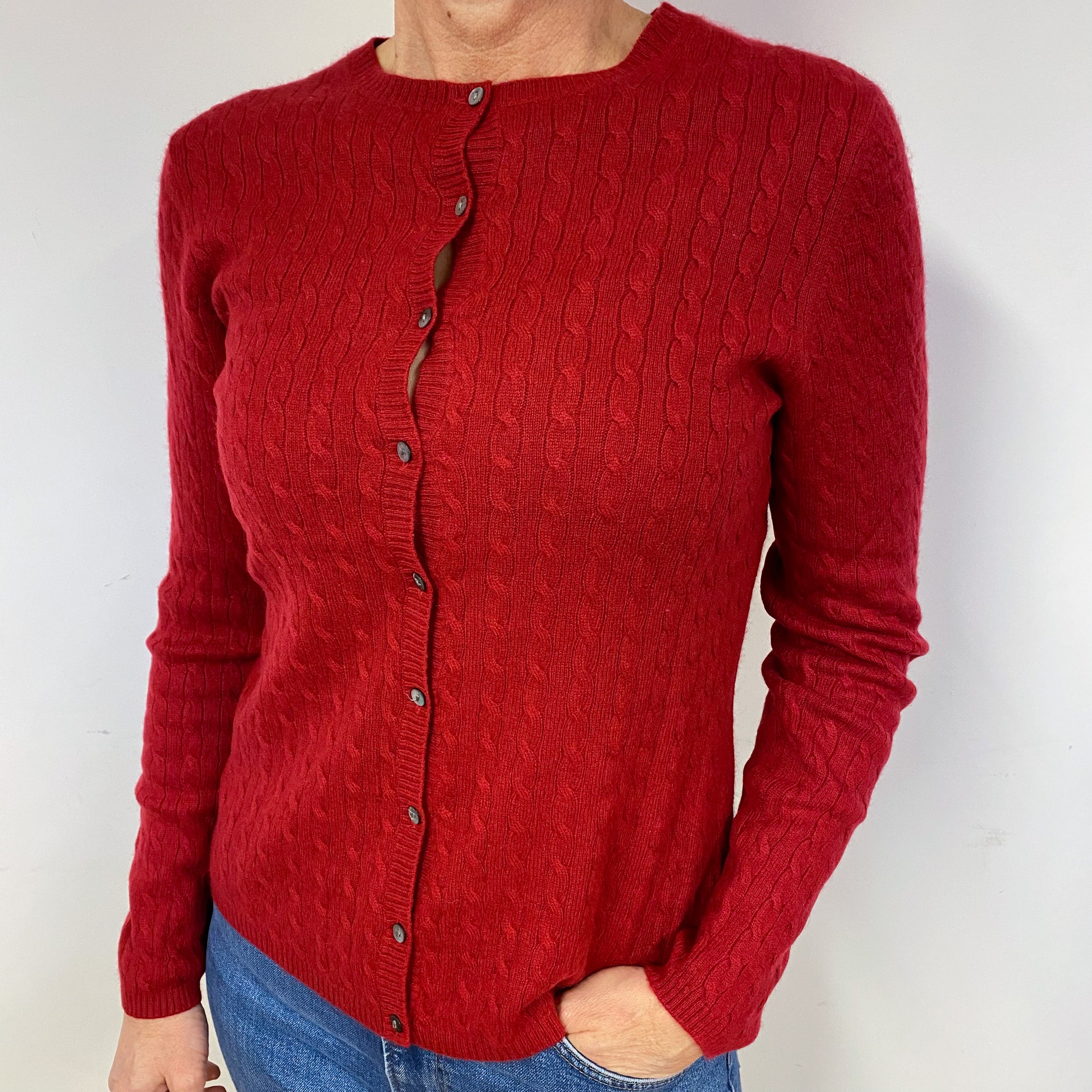 Crimson Red Cable Cashmere Crew Neck Cardigan Medium