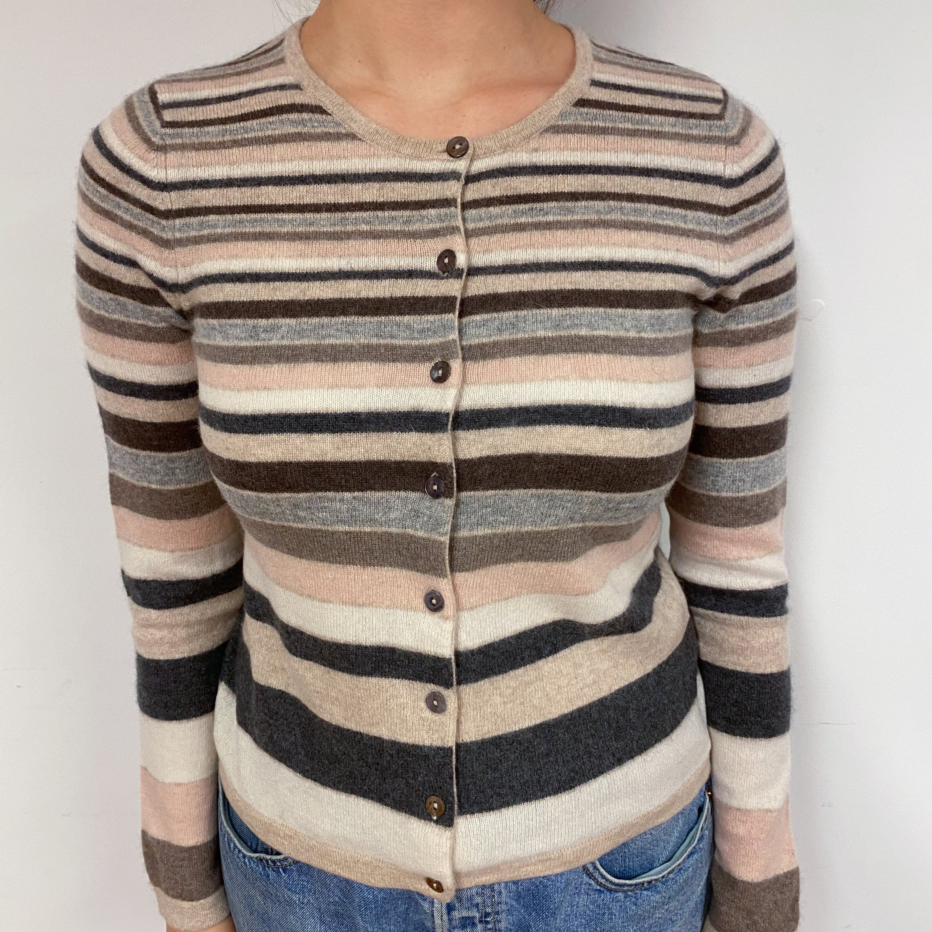 Muted Pink and Beige Striped Cashmere Cardigan Small