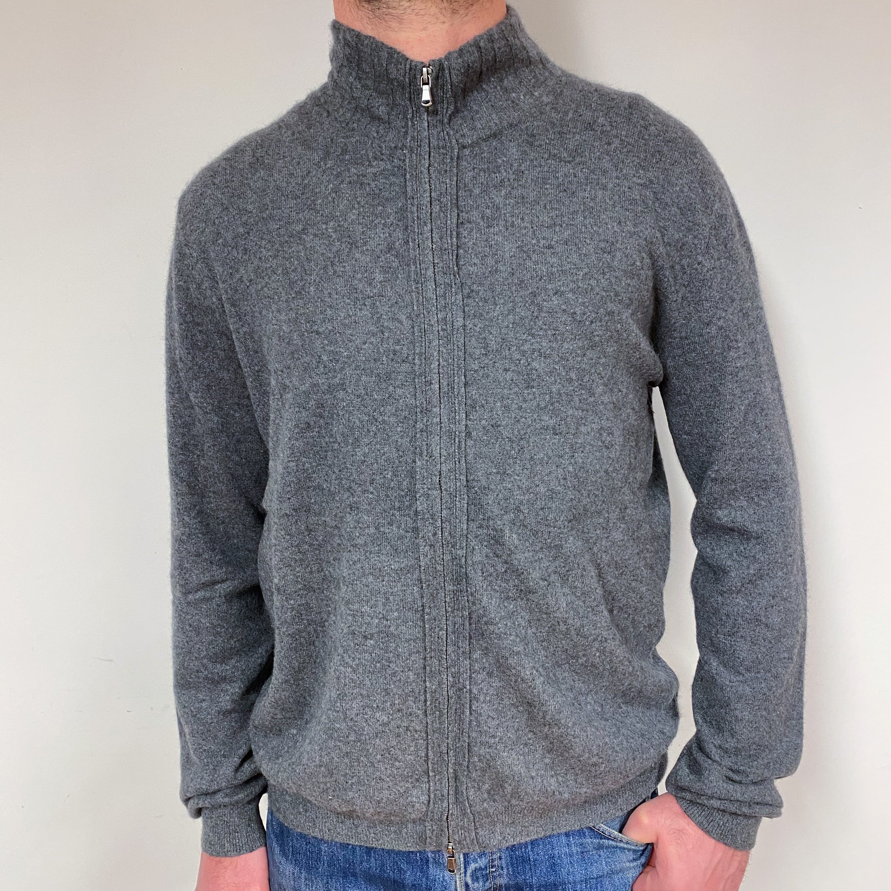 Men's Slate Grey Cashmere Zip Front Cardigan Extra Large