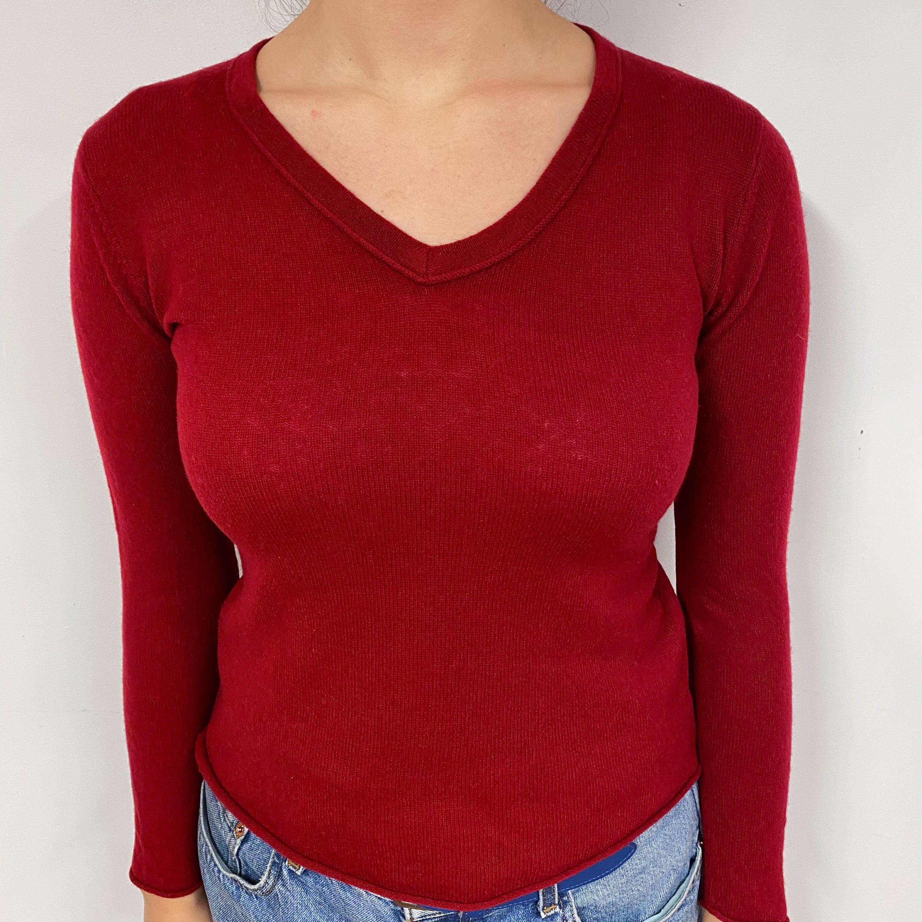 Crimson Red Cashmere V-Neck Jumper Small Petite