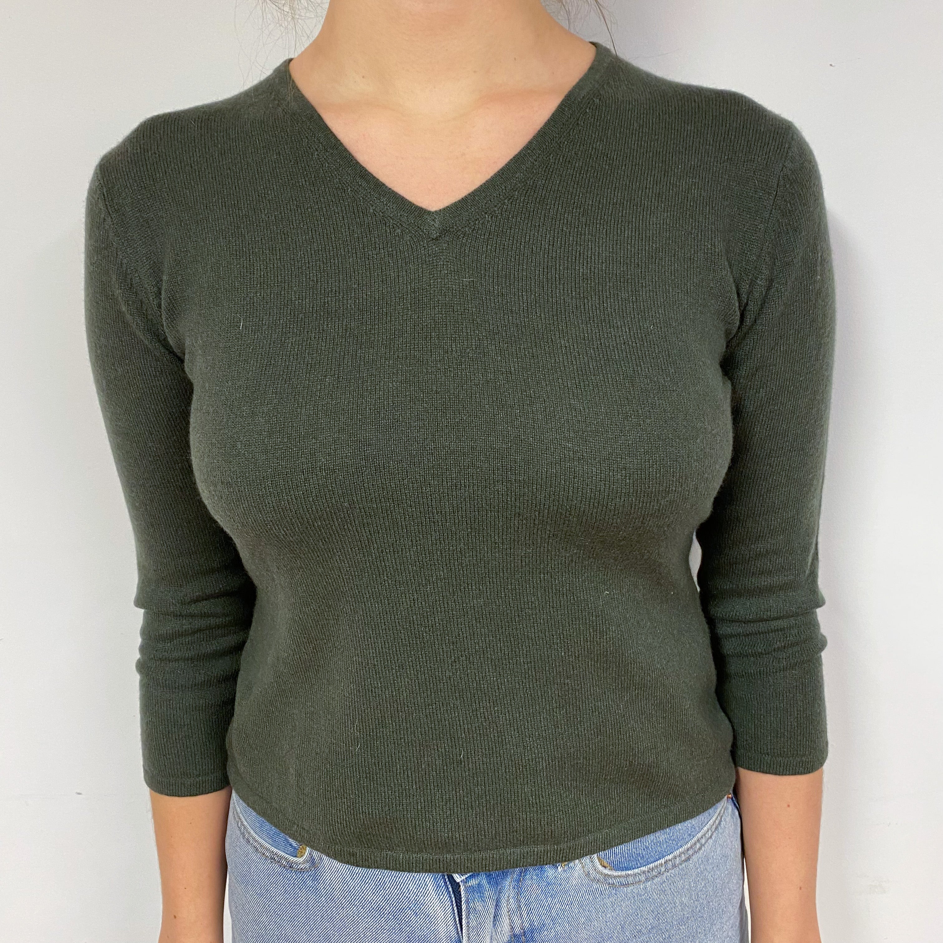 Dark Khaki Green Cashmere V-Neck Jumper Small