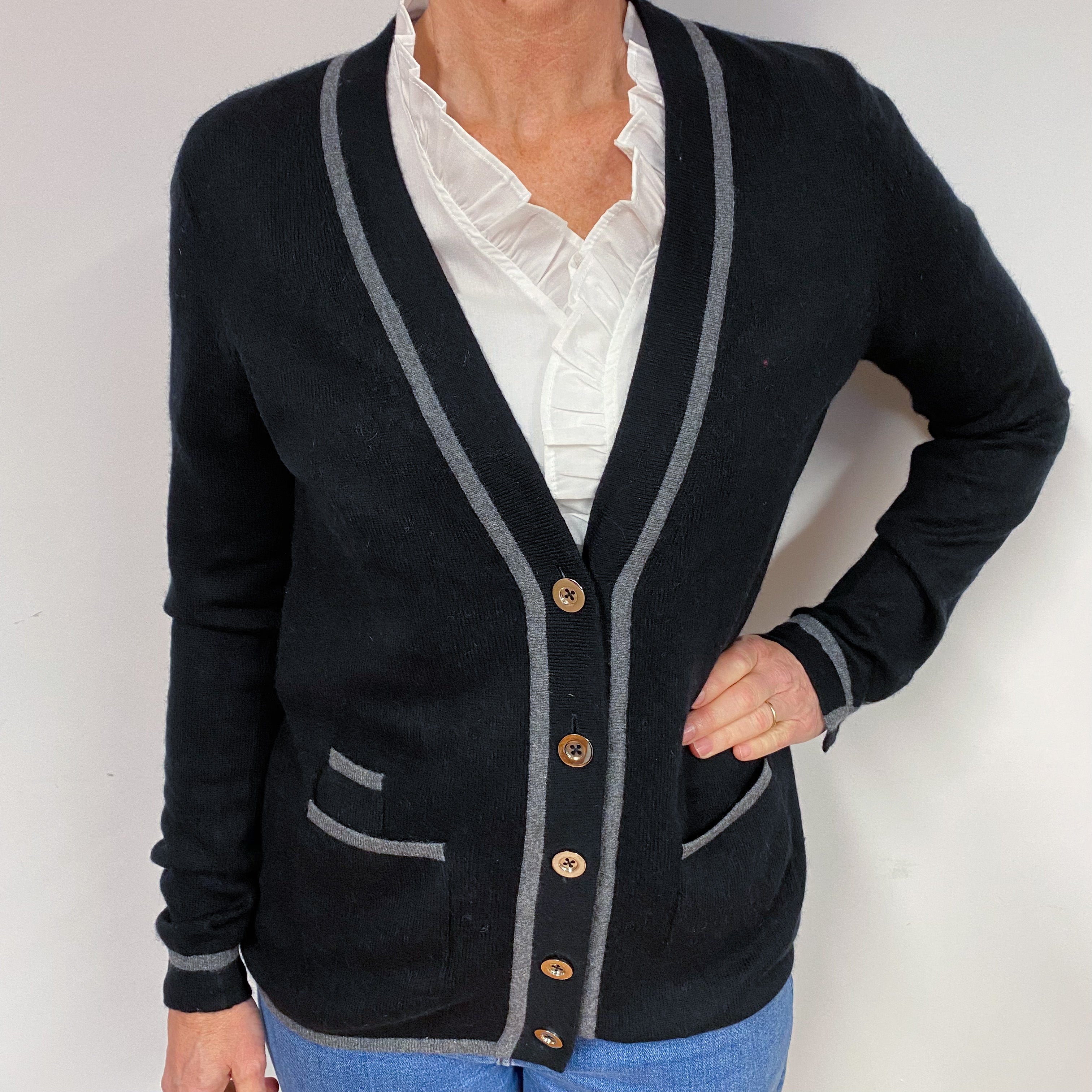 Black and Grey Cashmere V-Neck Cardigan Medium