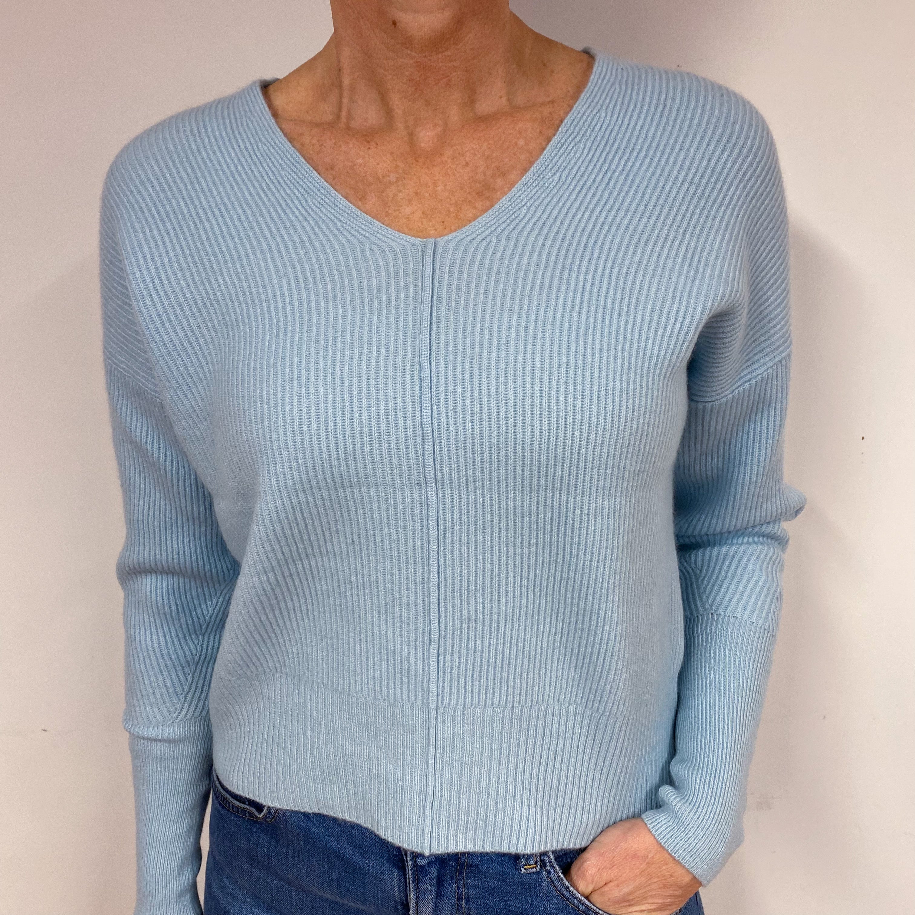 Opal Green Ribbed Cashmere V-Neck Jumper Medium