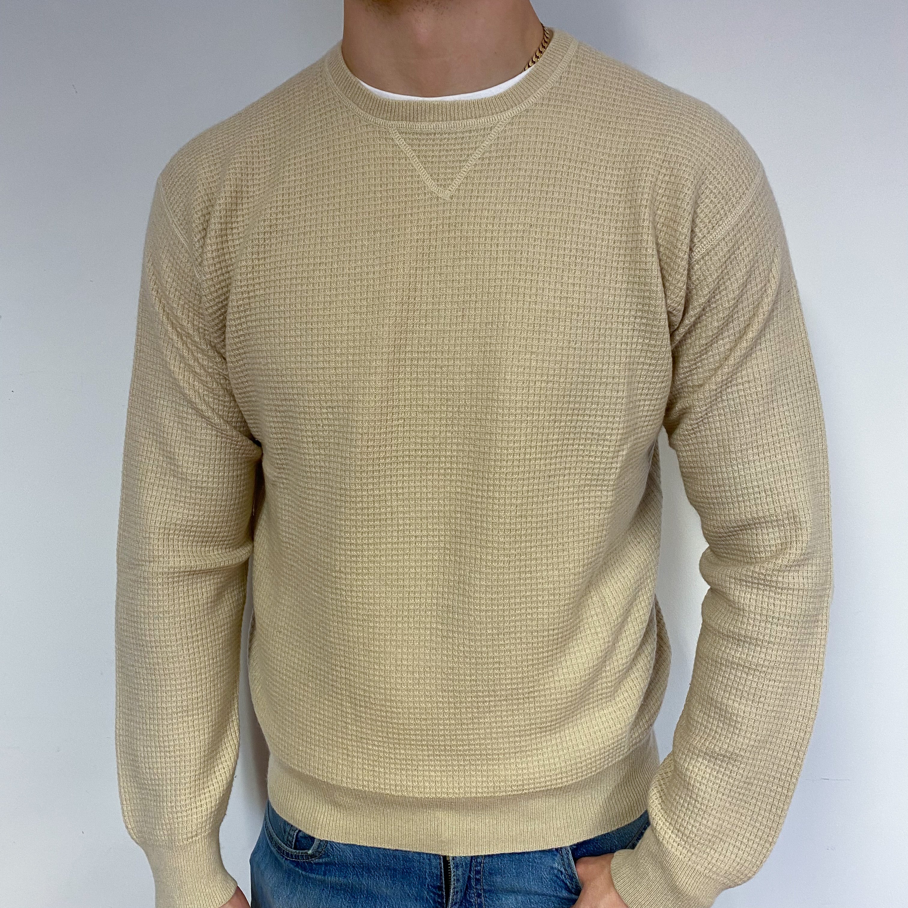 Men's Pale Biscuit Waffle Knit Cashmere Crew Neck Jumper XL