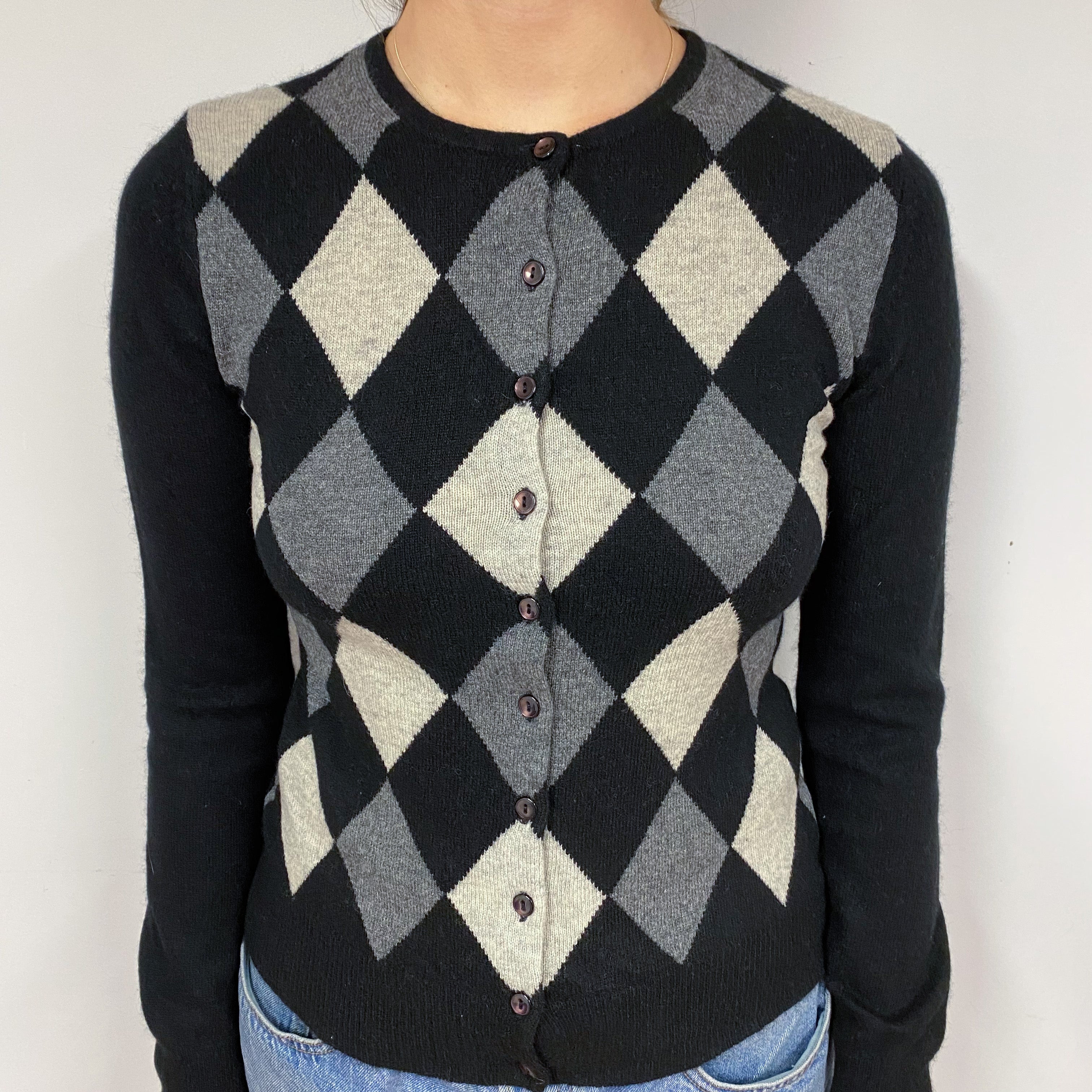 Black and Grey Diamond Cashmere Cardigan Small