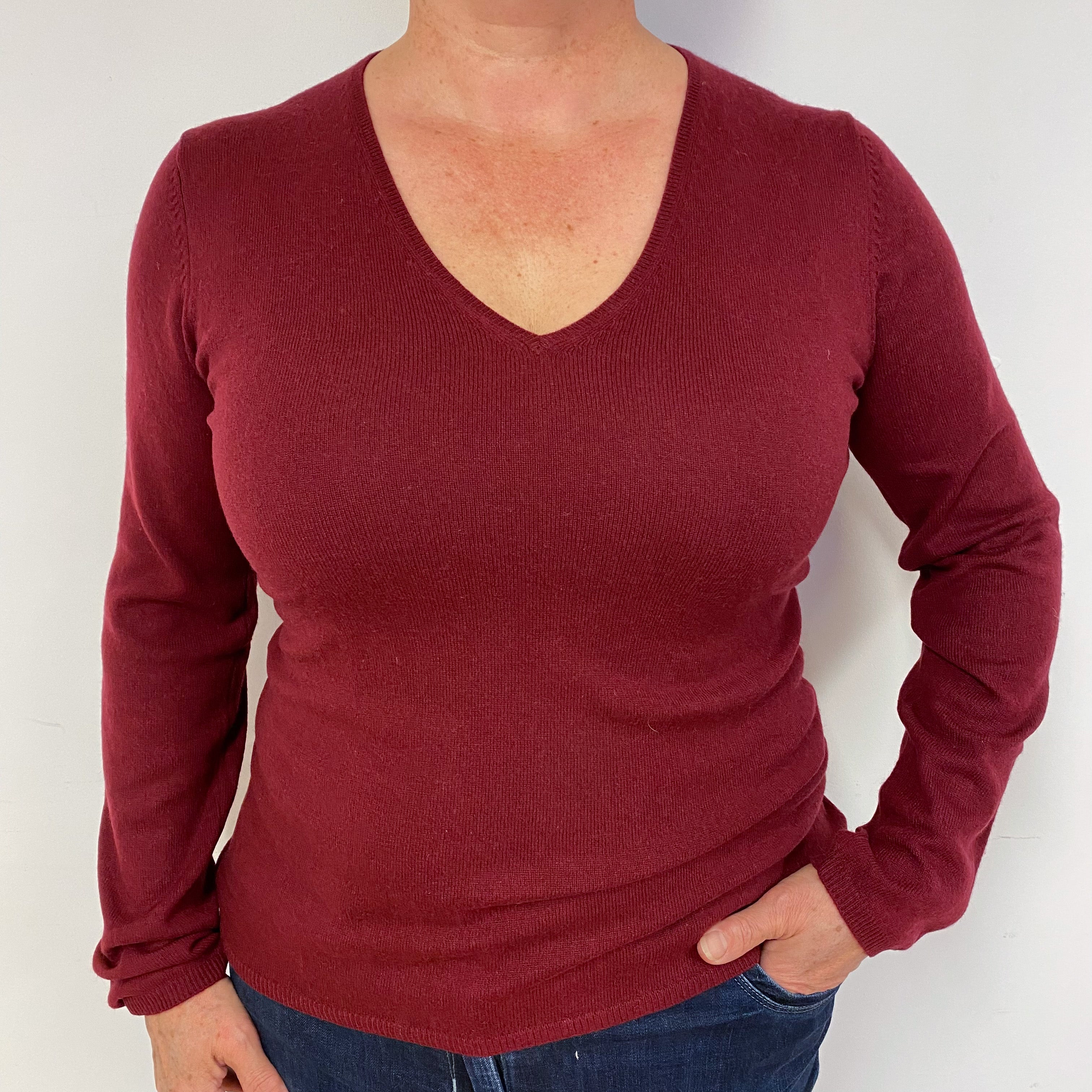 Wine Red Cashmere V-Neck Jumper Large