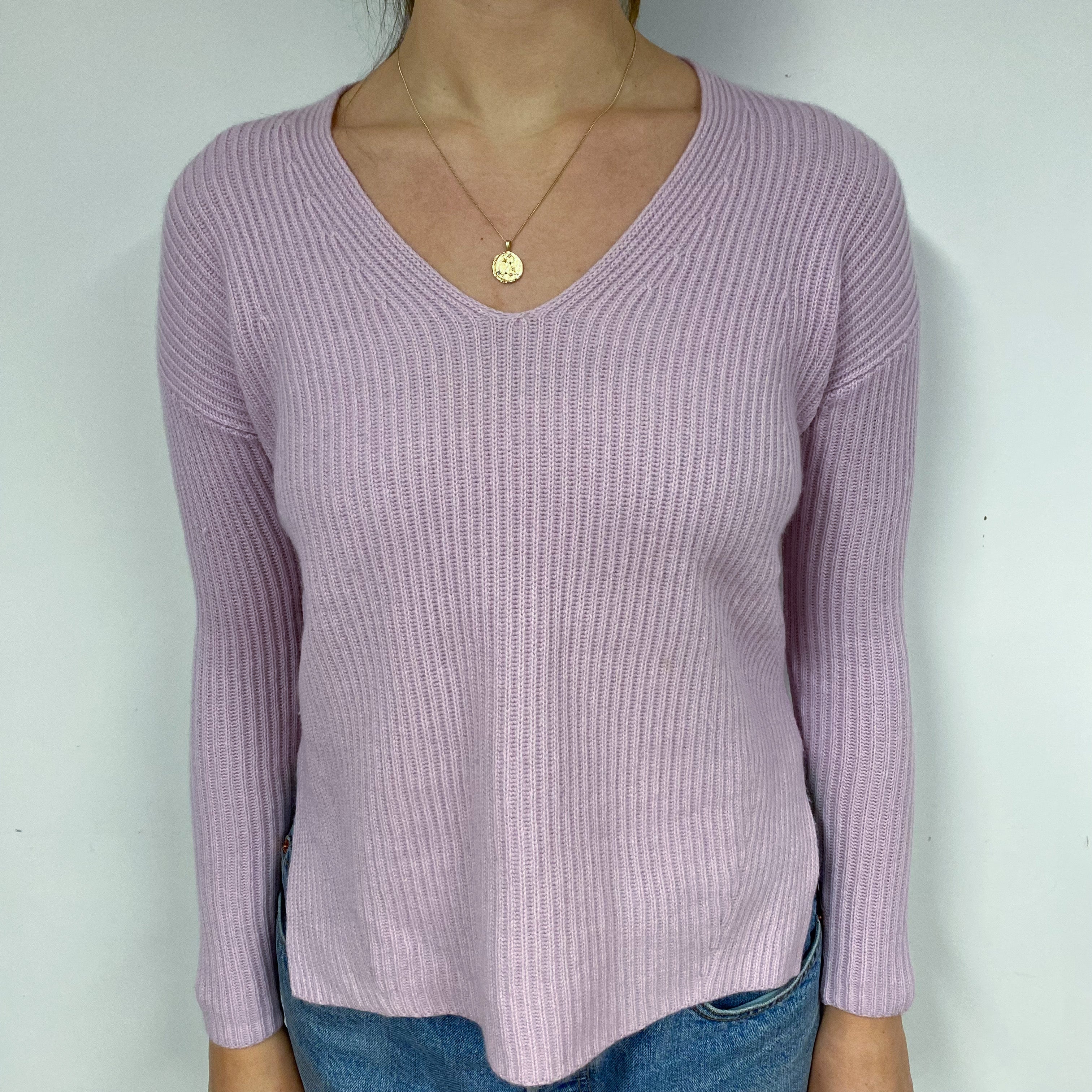 Pale Mauve Pink Ribbed Cashmere V-Neck Jumper Small