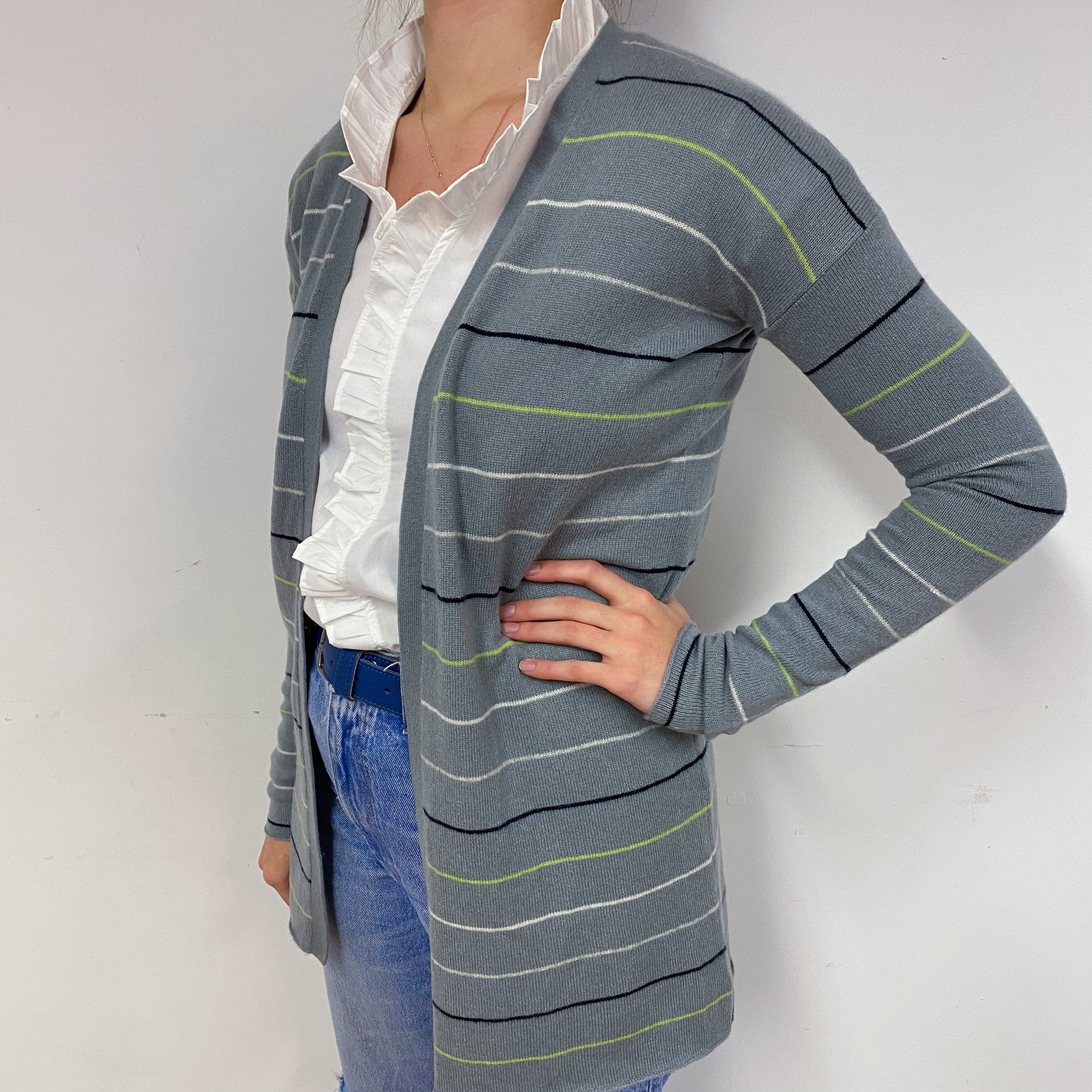 Steel Grey Stripe Cashmere Edge to Edge Cardigan Small