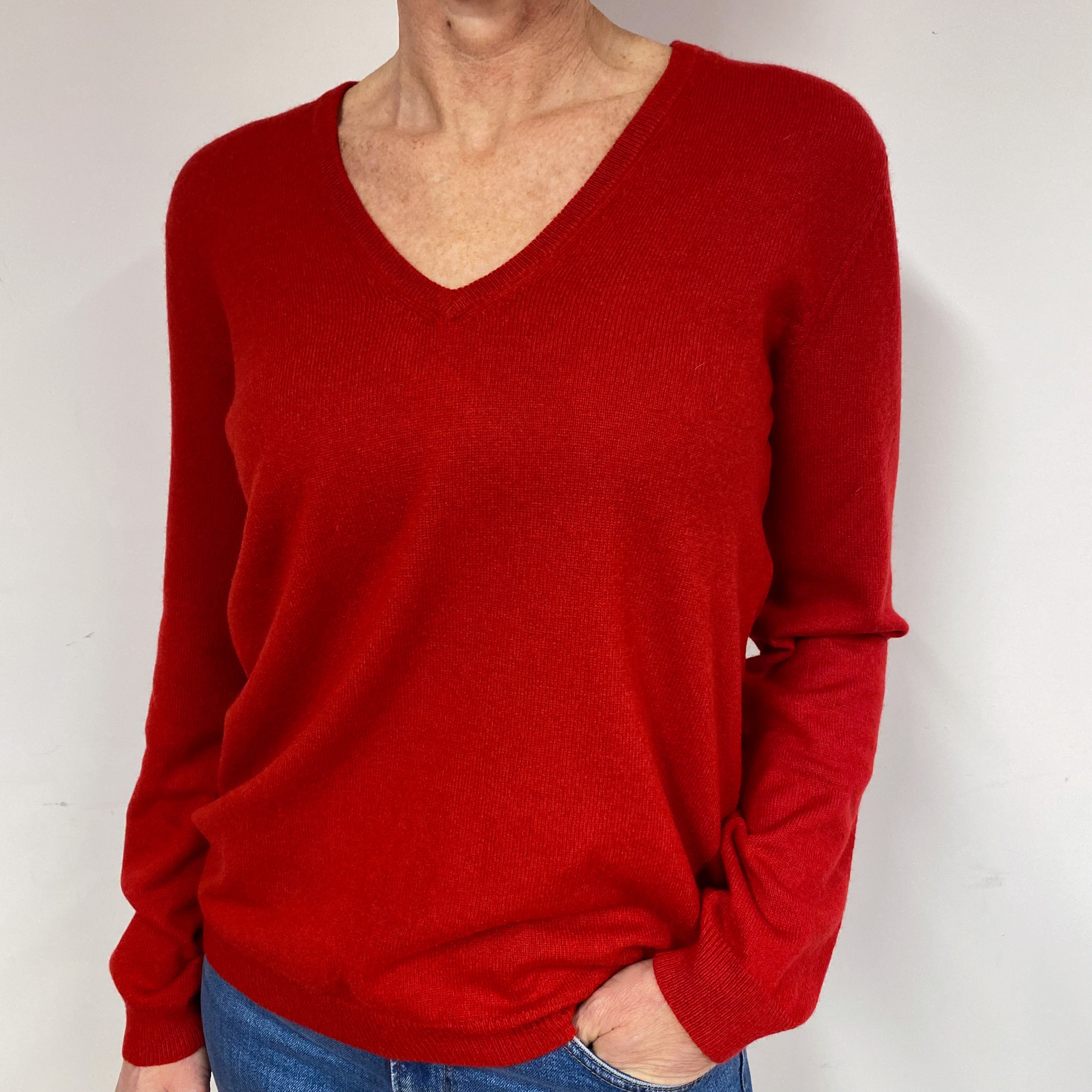 Crimson Red Cashmere V-Neck Jumper Medium