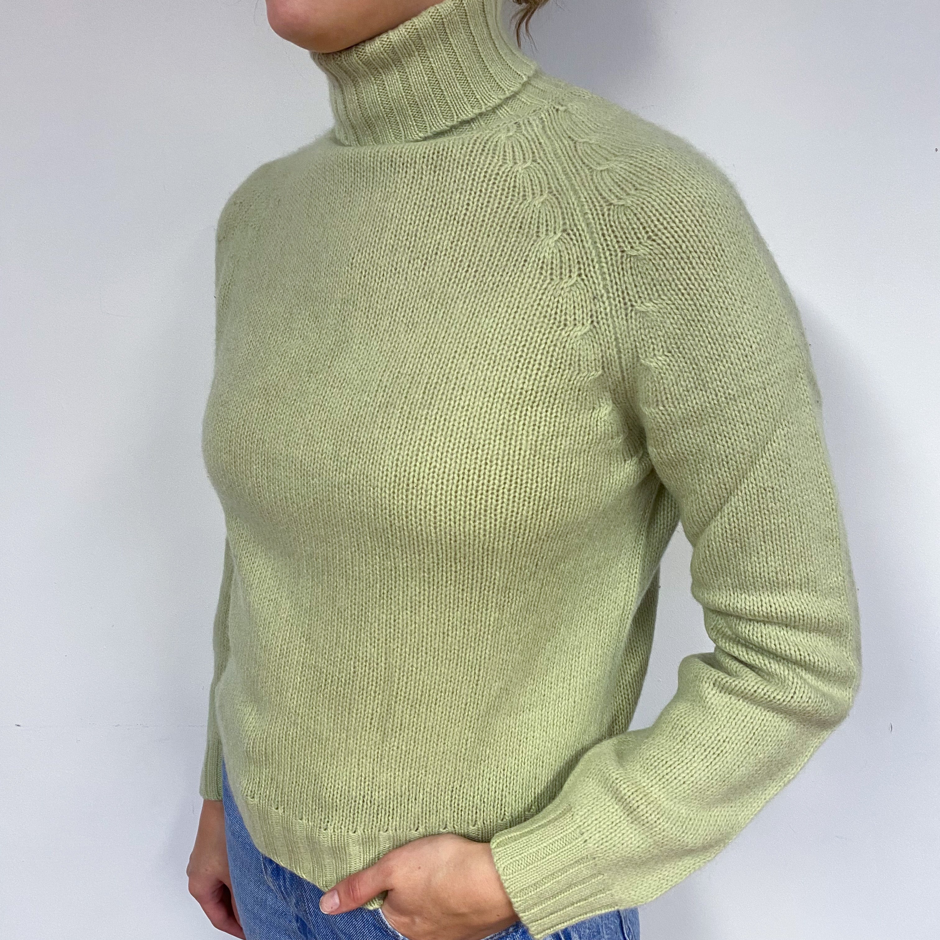 Chunky Celery Green Cashmere Polo Neck Jumper Small