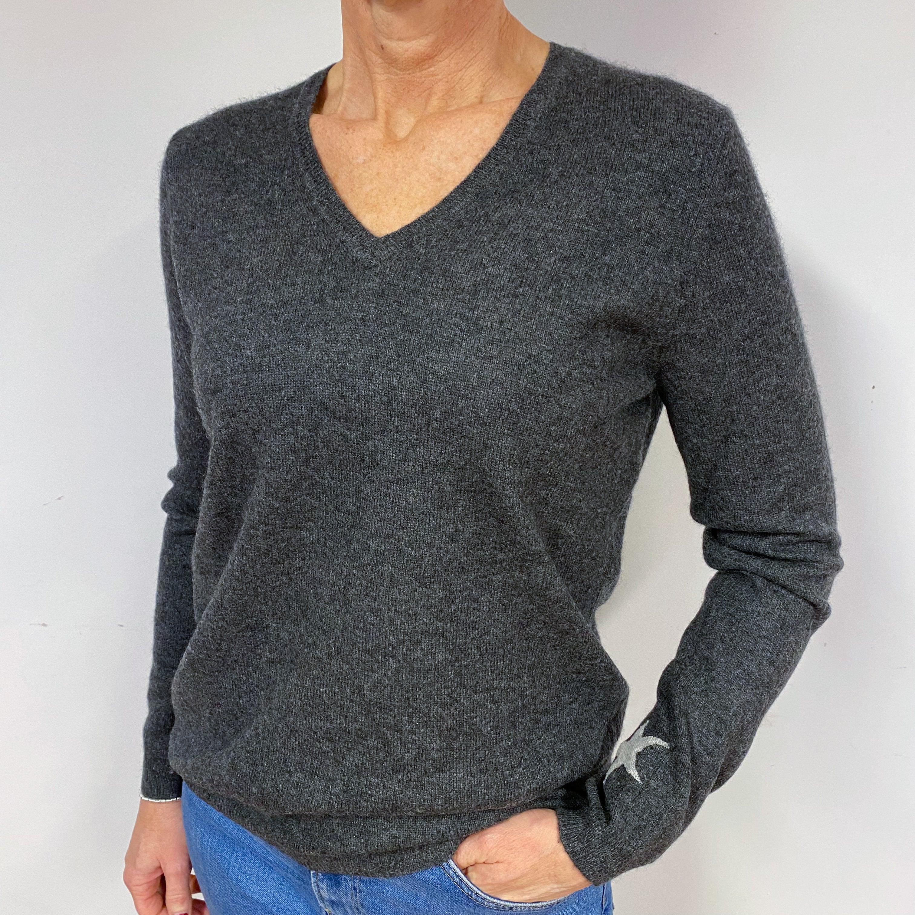 Dark Slate Grey Cashmere V-Neck Jumper Medium